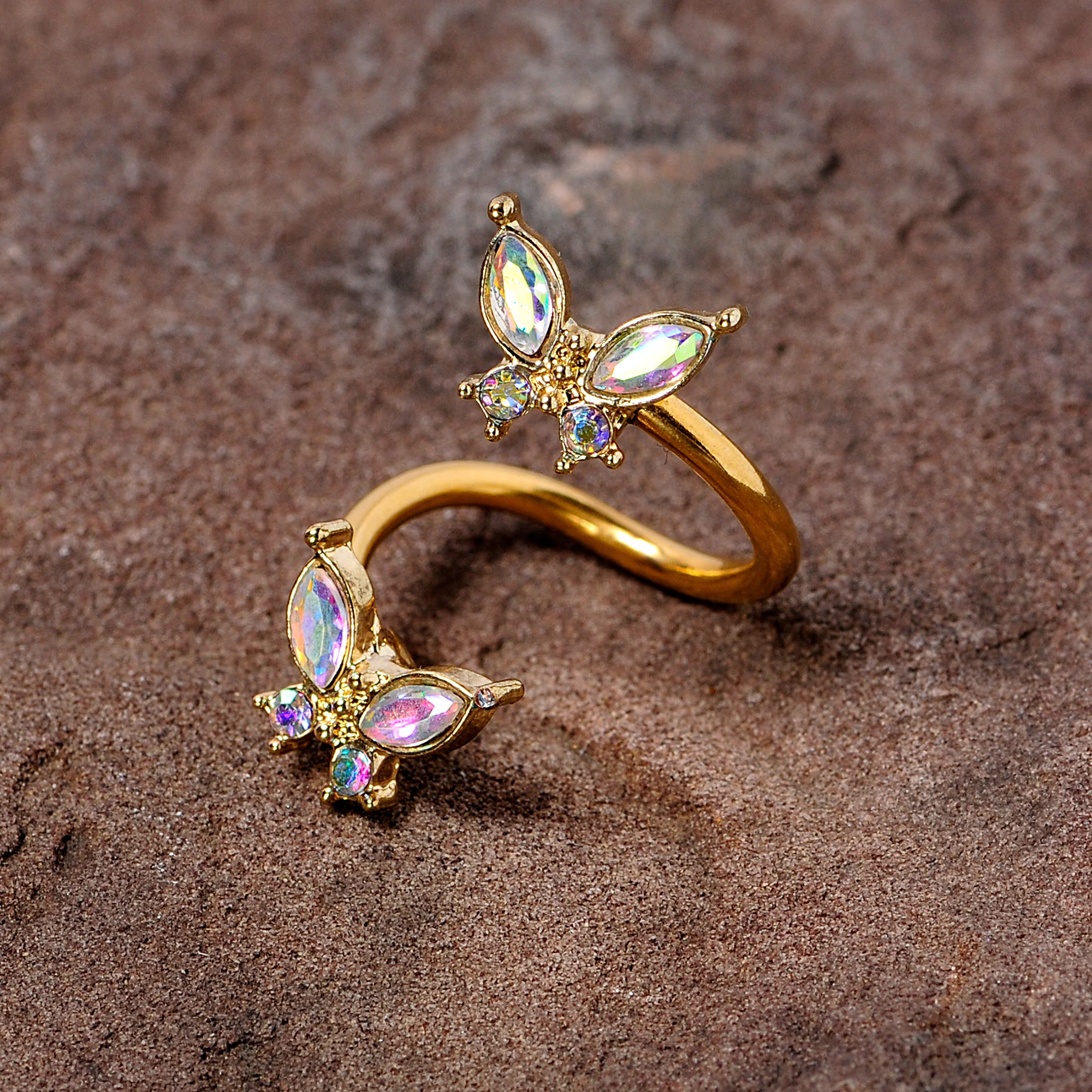 14G 3/8 Aurora Gem Gold Tone Butterfly Spiral Twister Belly Ring - Image 2
