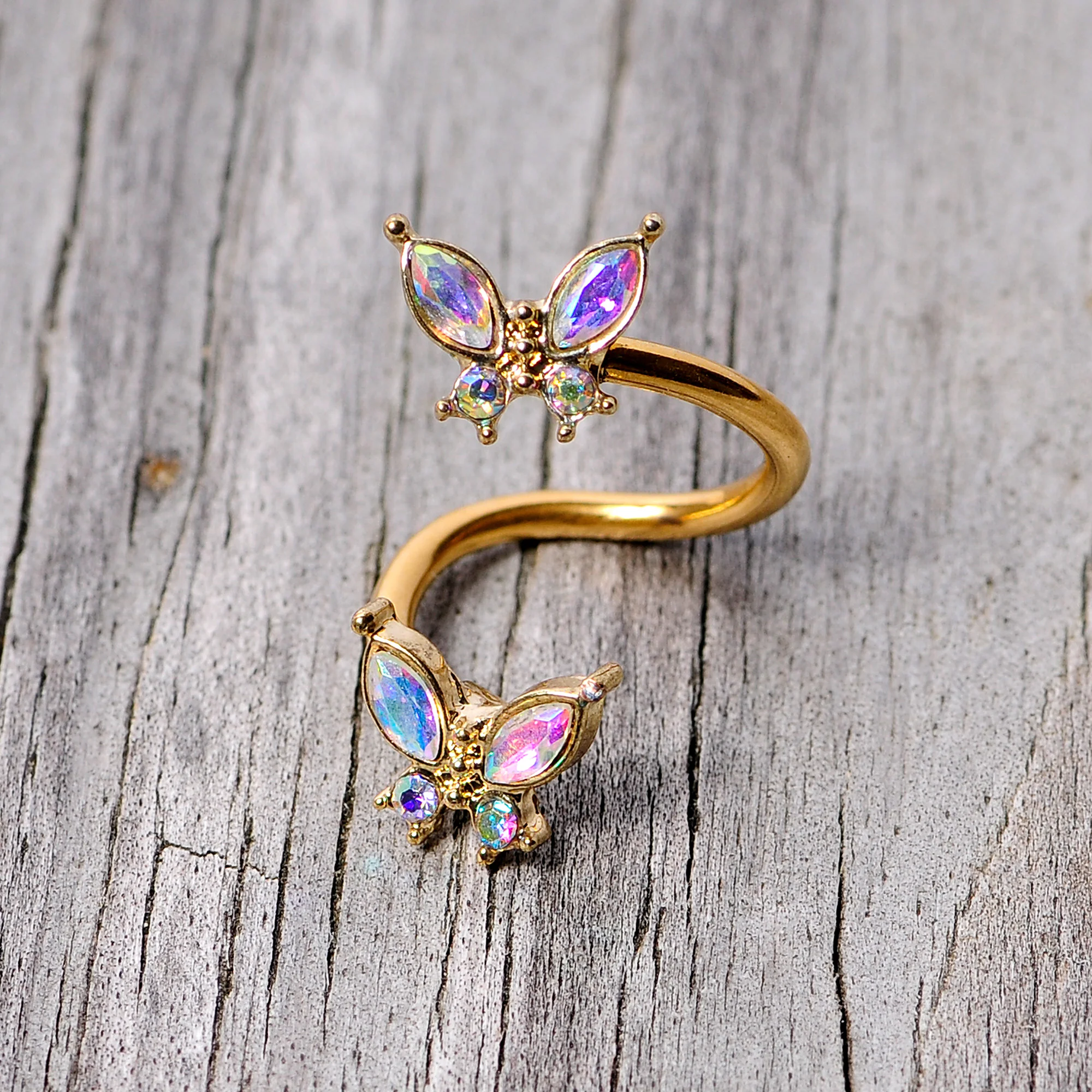 14G 3/8 Aurora Gem Gold Tone Butterfly Spiral Twister Belly Ring - Image 3