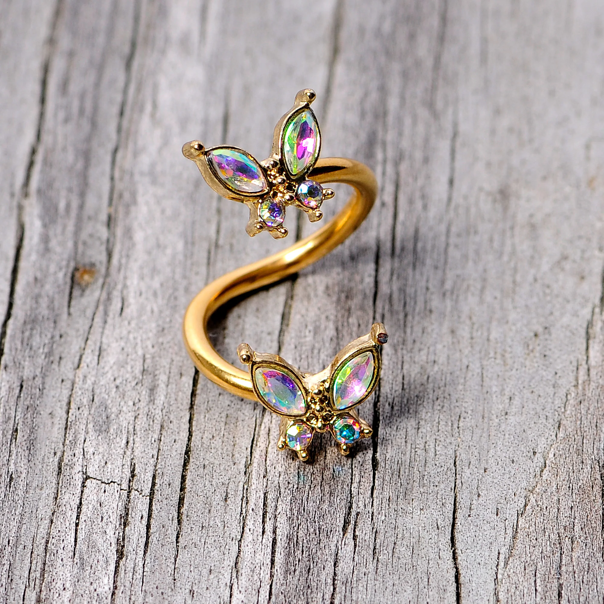 14G 3/8 Aurora Gem Gold Tone Butterfly Spiral Twister Belly Ring - Image 4