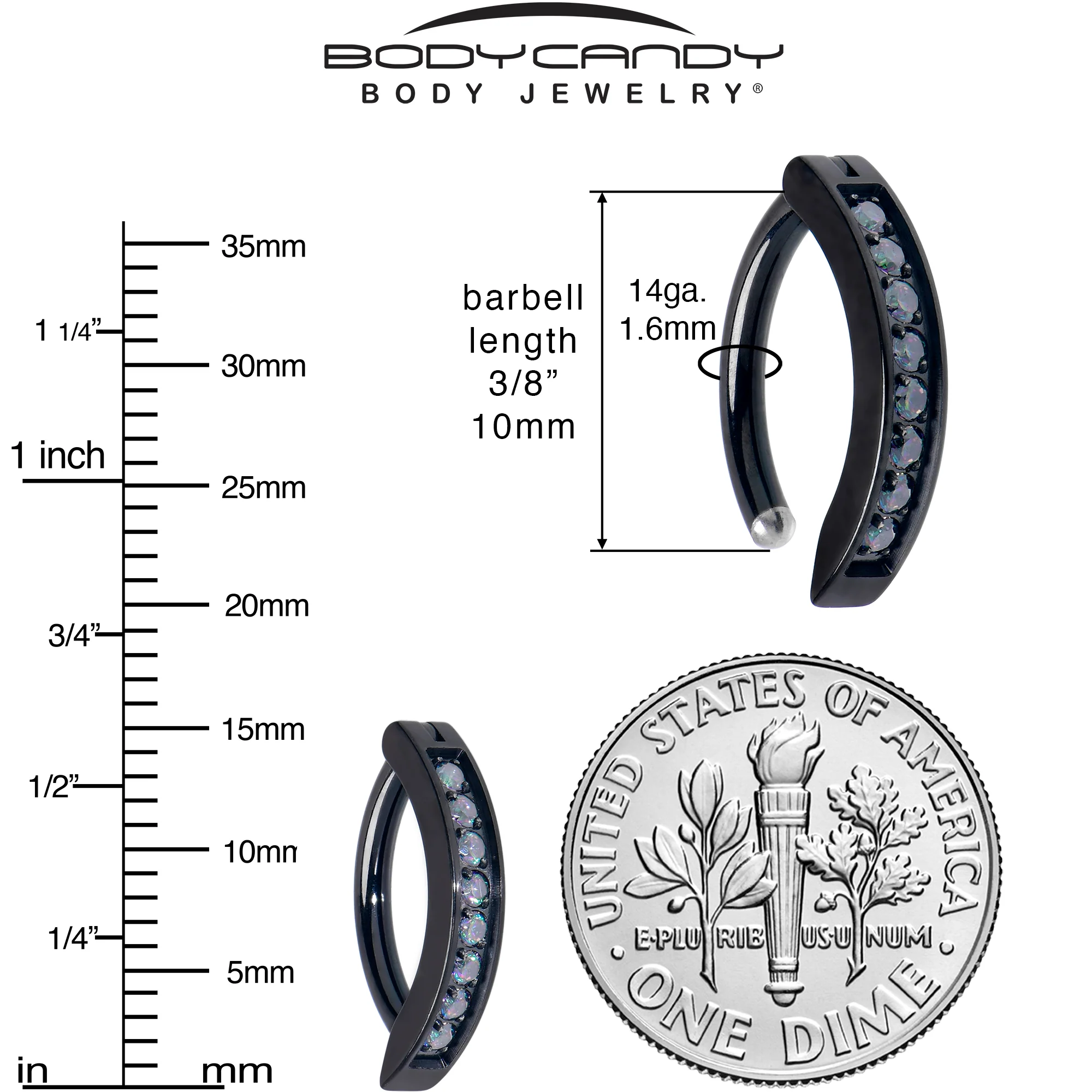 14G 3/8  Black Implant Grade Titanium CZ Paved Hinged Hoop Belly Ring - Image 5