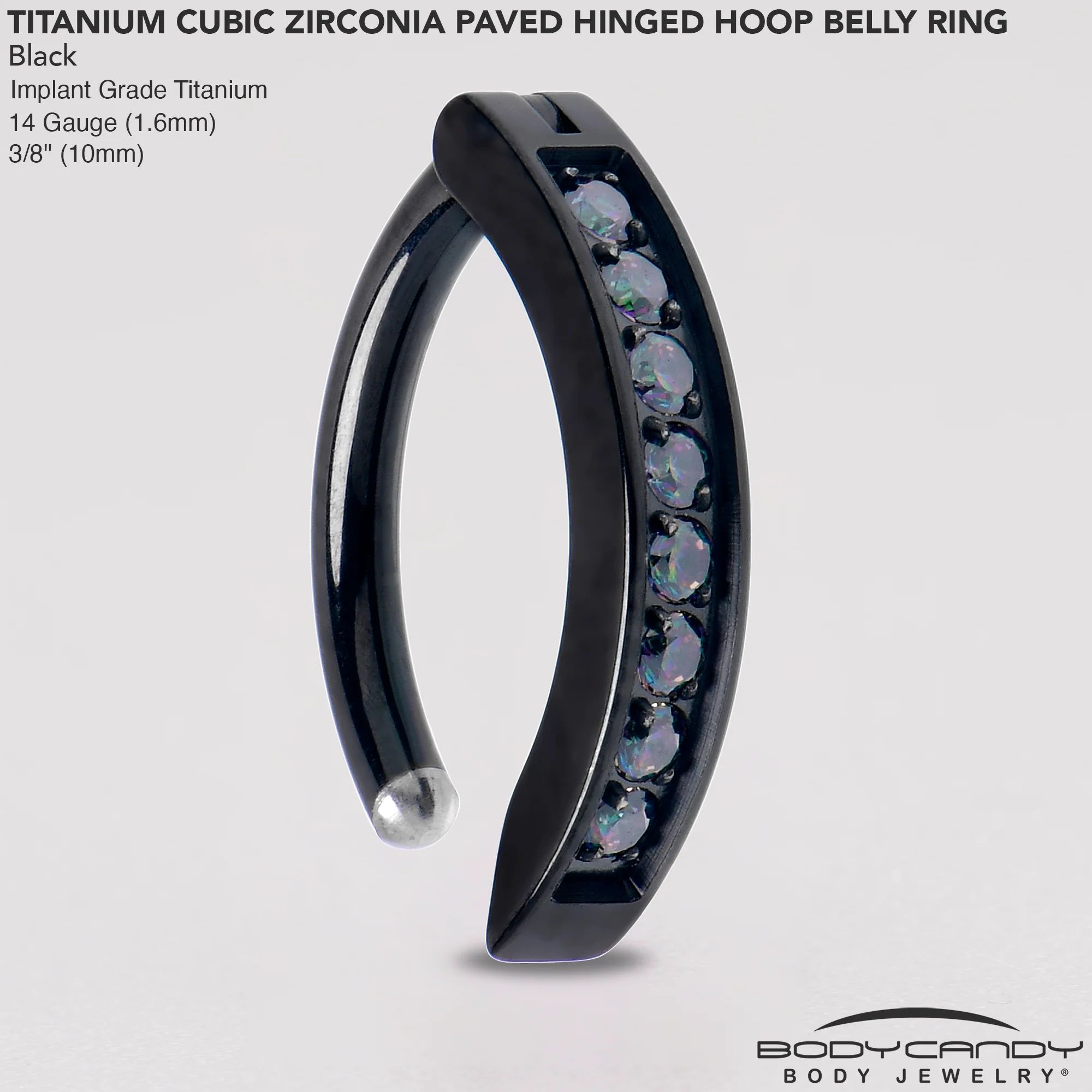 14G 3/8  Black Implant Grade Titanium CZ Paved Hinged Hoop Belly Ring - Image 6