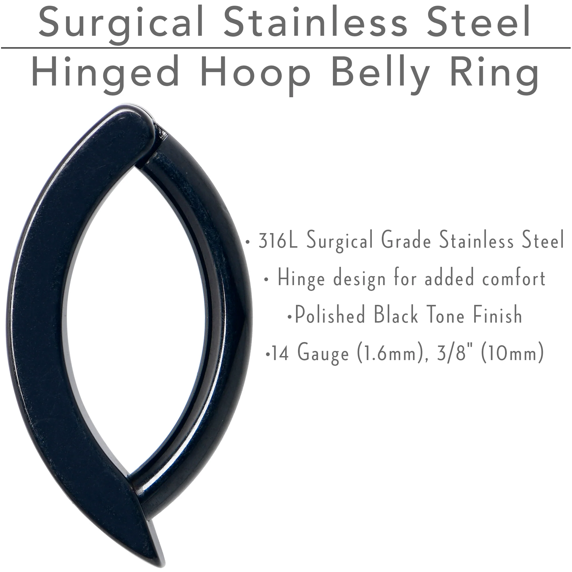 14G 3/8  Black Implant Grade Titanium CZ Paved Hinged Hoop Belly Ring - Image 9