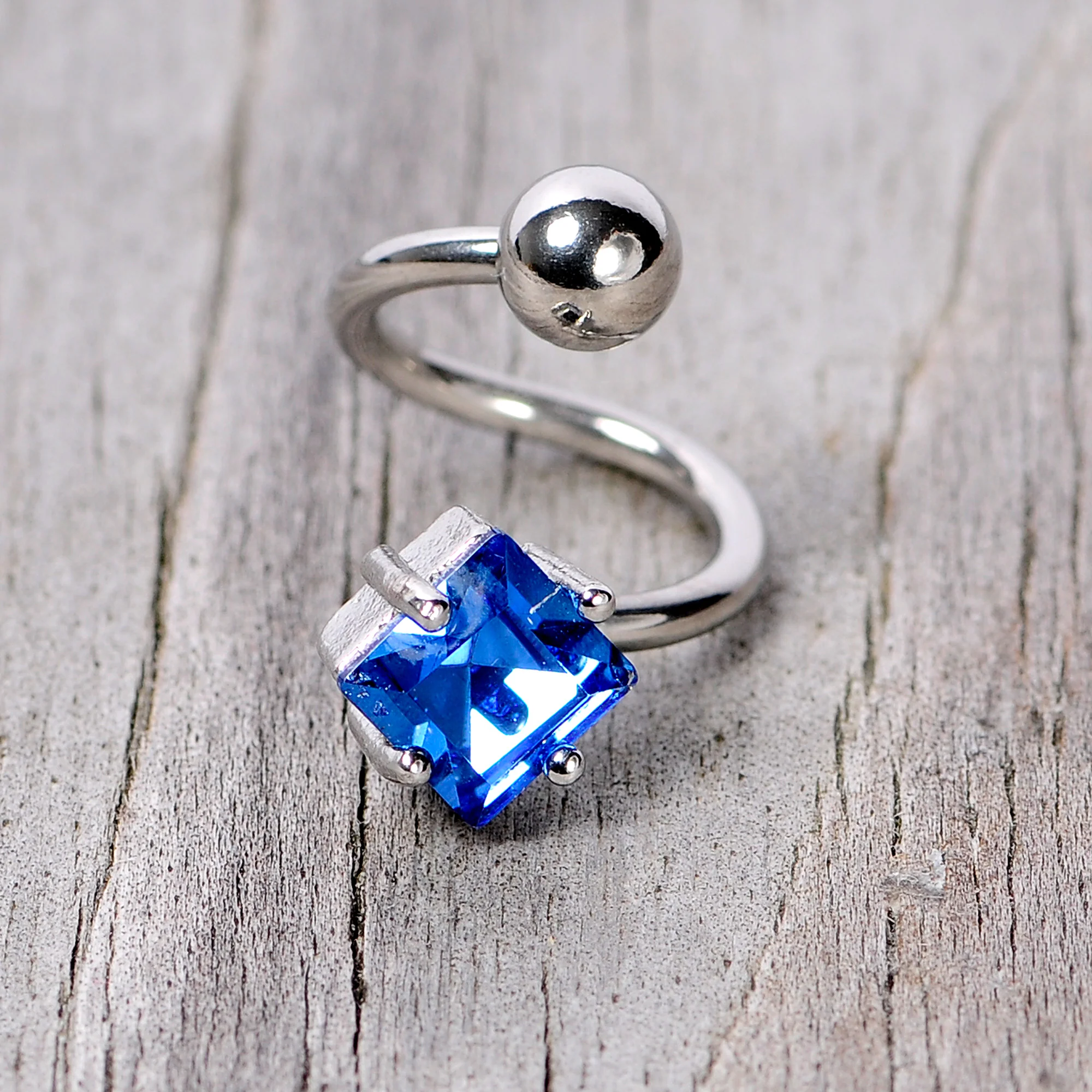 14G 3/8 Blue Gem Refined Rhombus Spiral Twister Belly Ring - Image 6