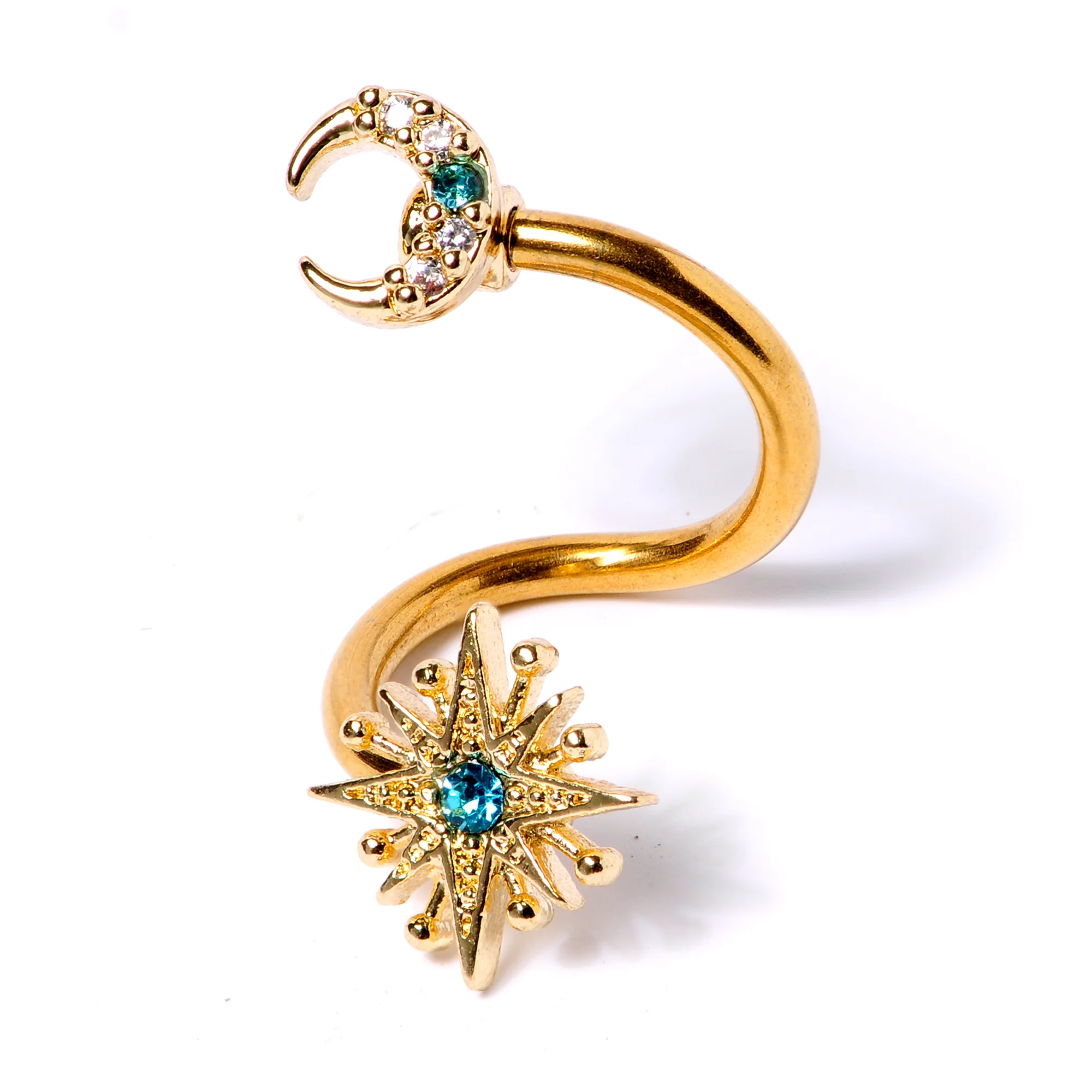 14G 3/8 Clear Blue Gem Gold Tone Moon Star Spiral Twister Belly Ring - Image 2