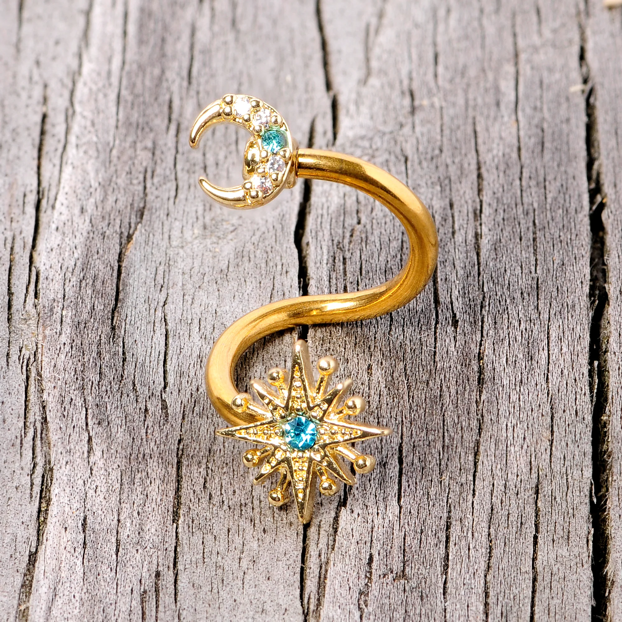 14G 3/8 Clear Blue Gem Gold Tone Moon Star Spiral Twister Belly Ring - Image 5