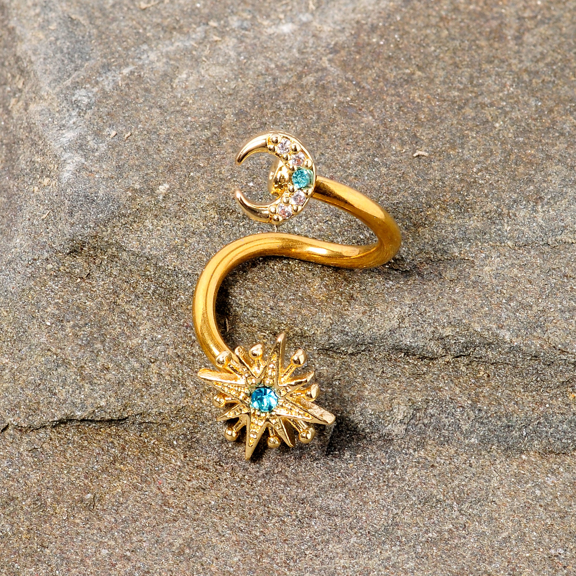 14G 3/8 Clear Blue Gem Gold Tone Moon Star Spiral Twister Belly Ring - Image 6