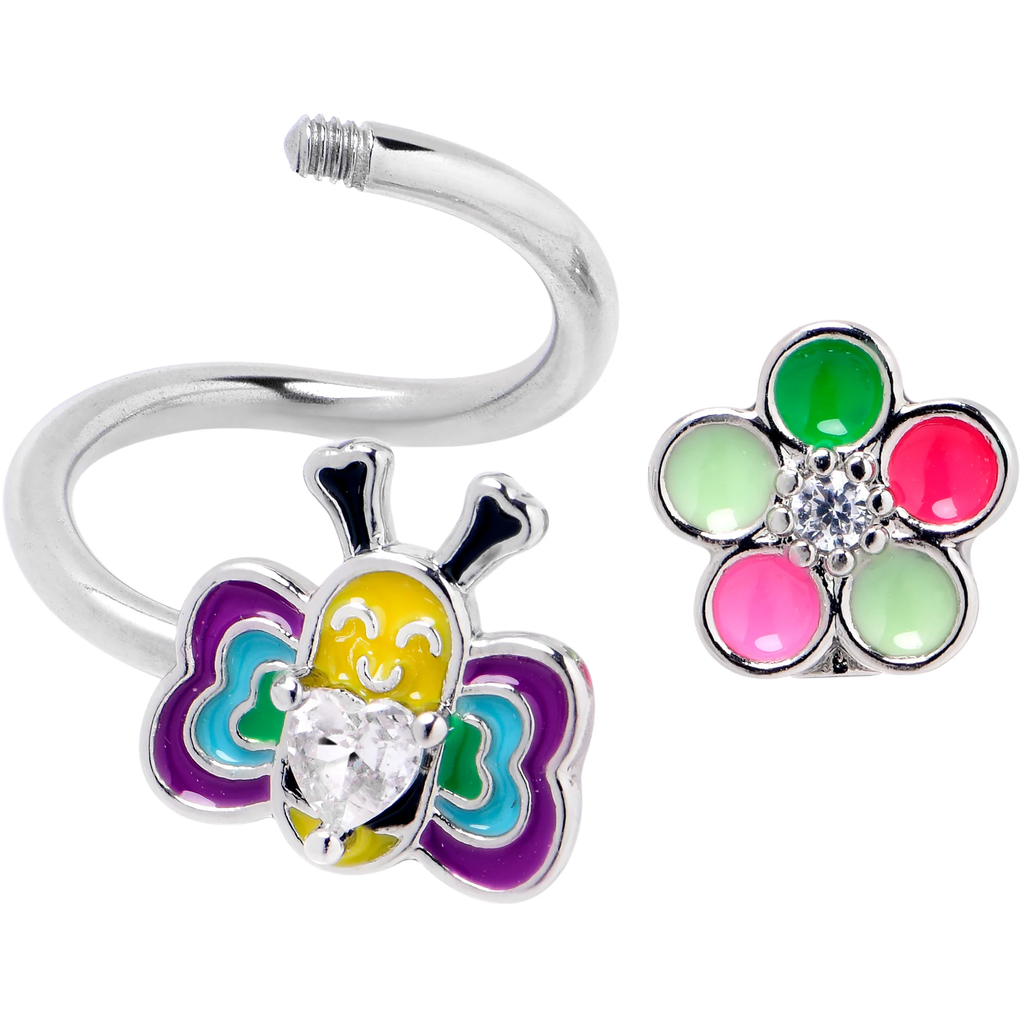 14G 3/8 Clear CZ Gem Butterfly Love Bug Spiral Twister Belly Ring - Image 2