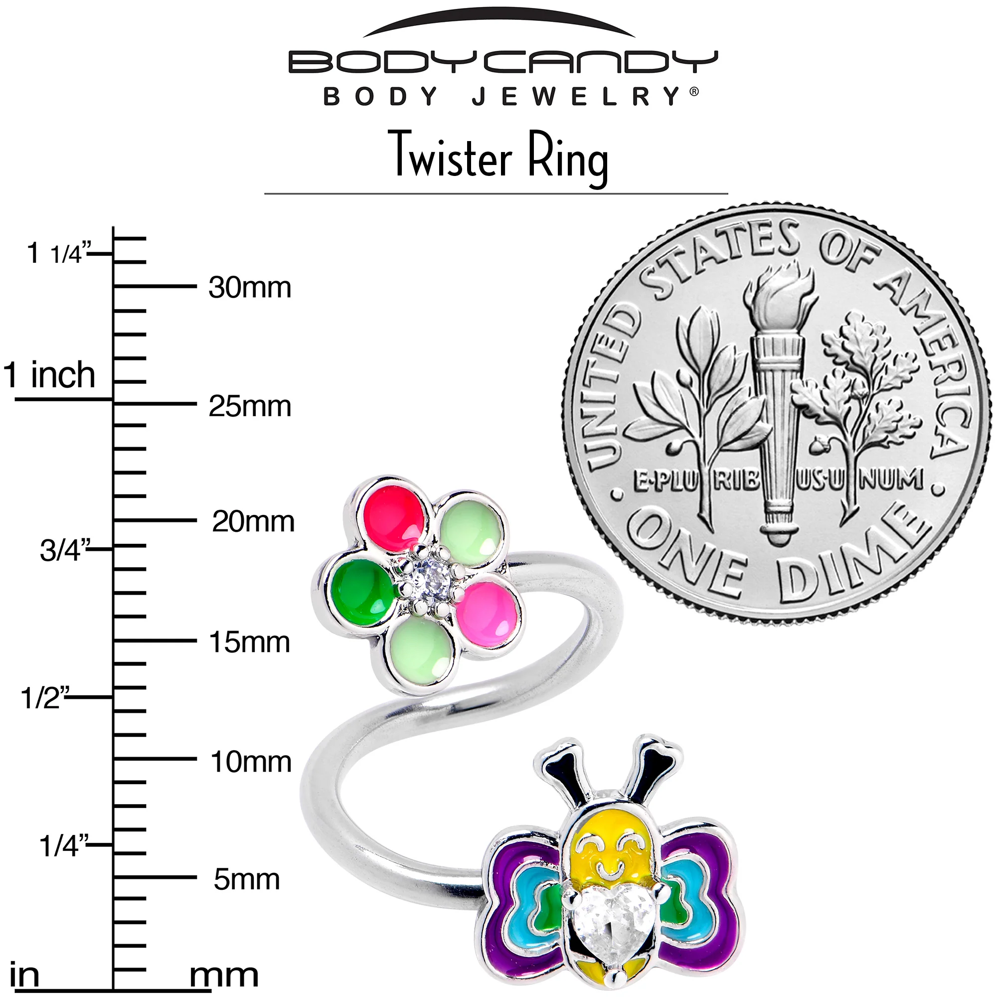 14G 3/8 Clear CZ Gem Butterfly Love Bug Spiral Twister Belly Ring - Image 5