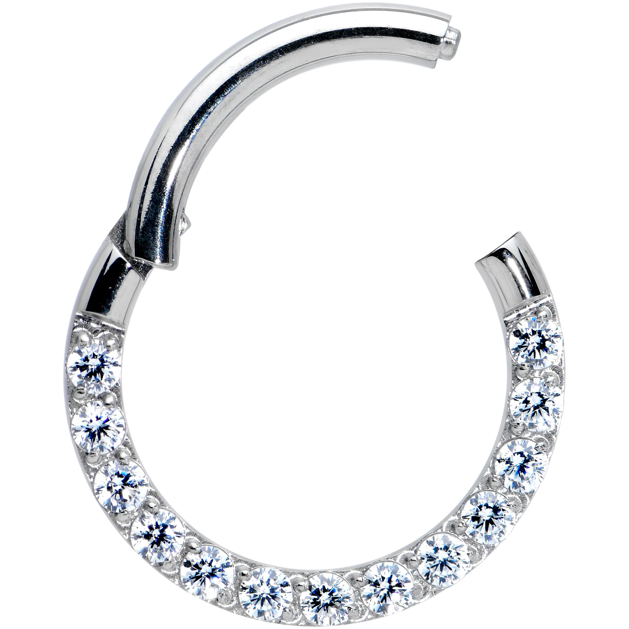 14G 3/8 Clear CZ Gem G23 Titanium Paved Hinged Segment Ring - Image 2