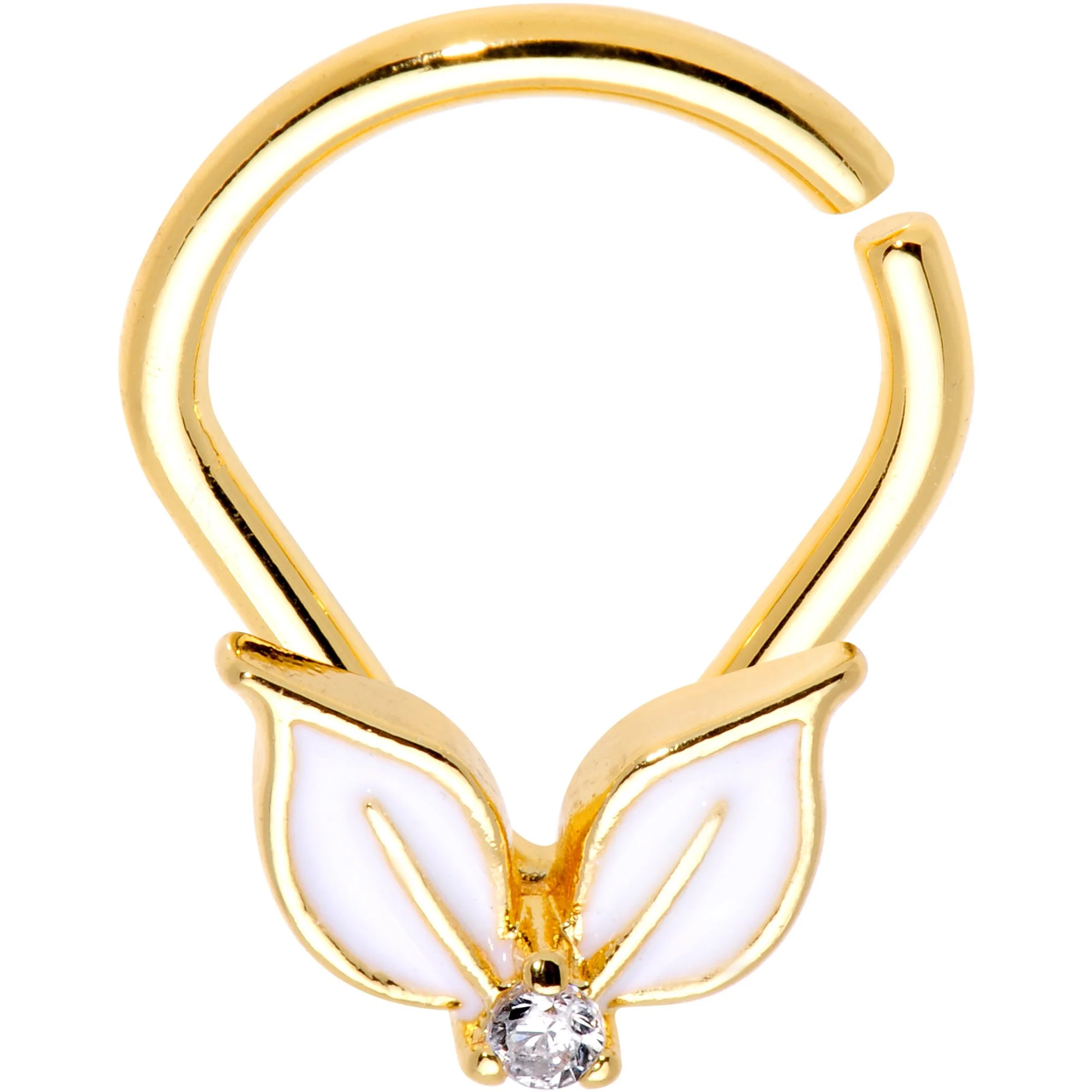 16G 3/8 Clear CZ Gold PVD White Leaves Ellipse Septum Ring