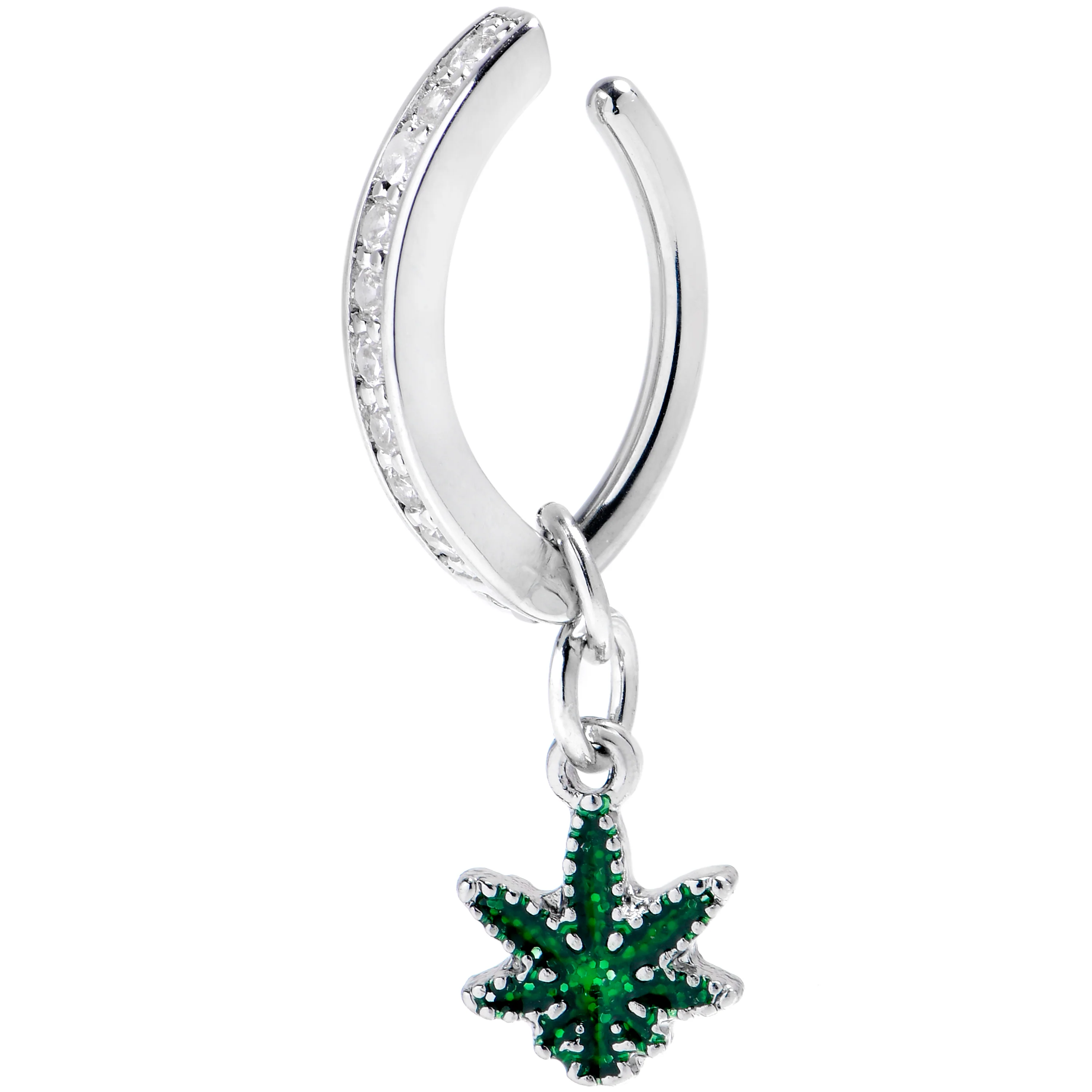 14G 3/8 Clear Gem Grade 23 Titanium Pot Leaf Dangle Hinged Hoop Belly Ring - Image 2