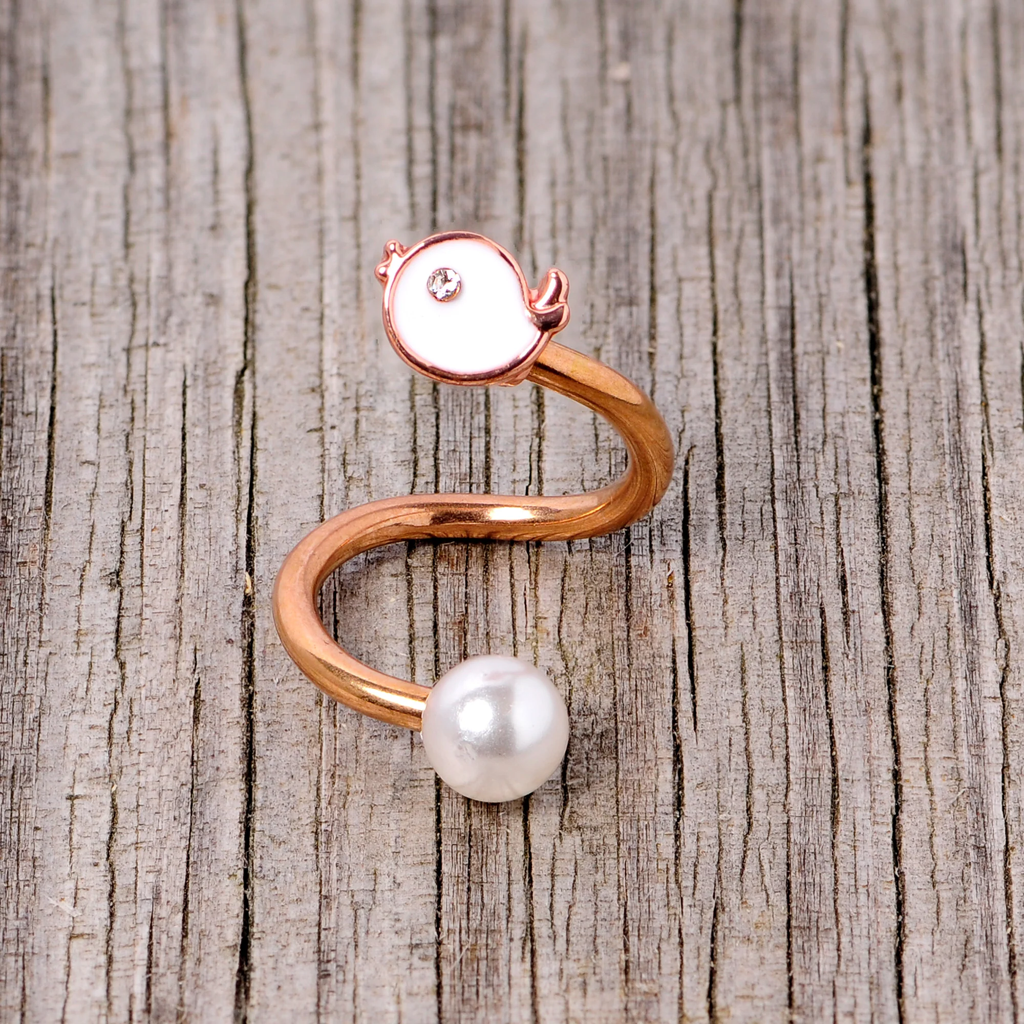14G 3/8 Clear Gem Rose Gold Tone Bird Spiral Twister Belly Ring - Image 4
