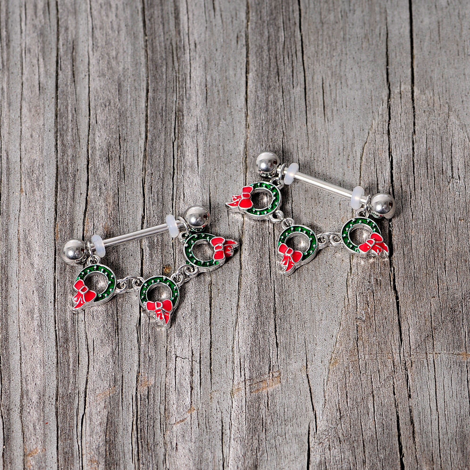14G 5/8 Holiday Wreath Christmas Chain Dangle Nipple Ring Set - Image 4