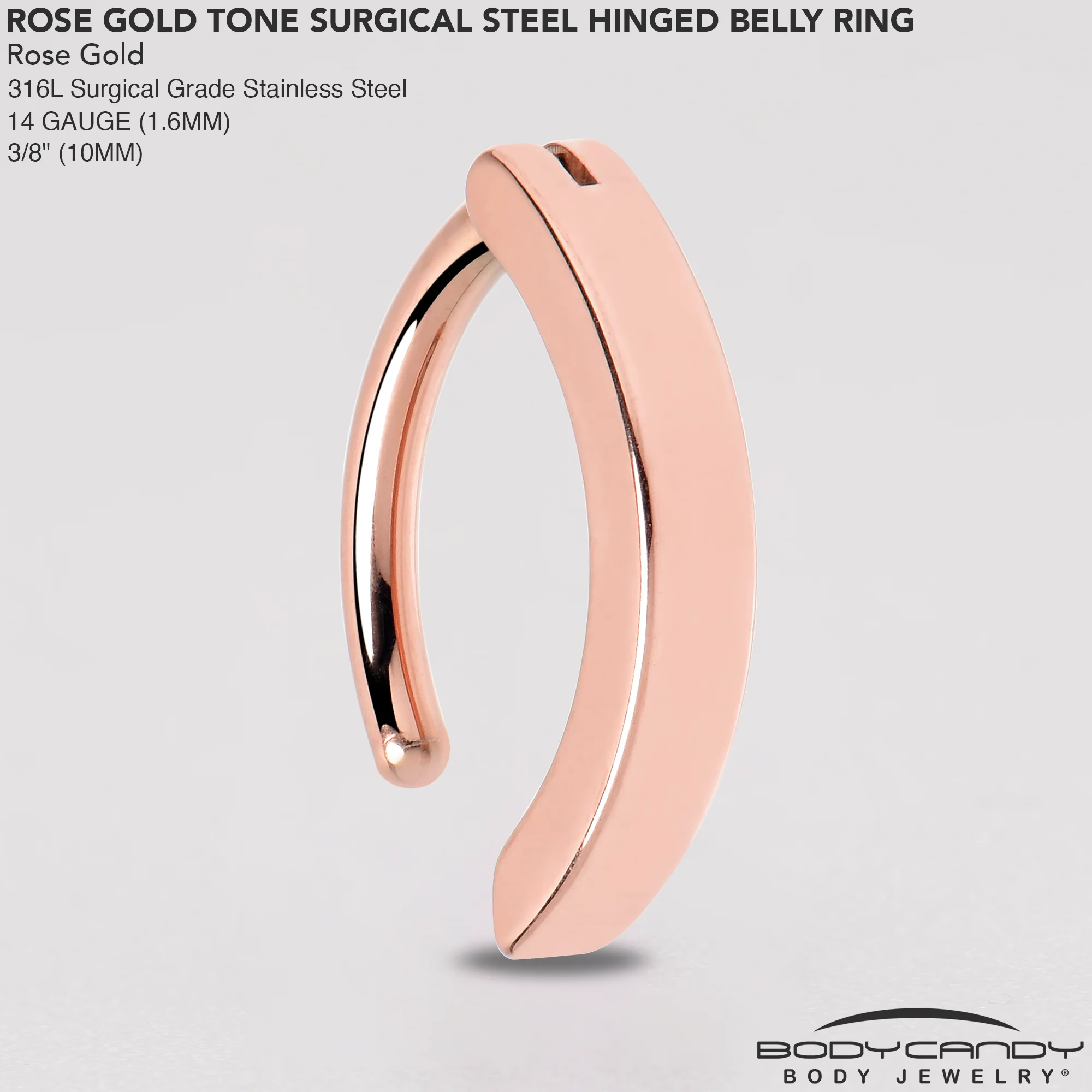 14G 3/8 Rose Gold Tone 316L Surgical Steel Smooth Style Hinged Hoop Belly Ring - Image 6