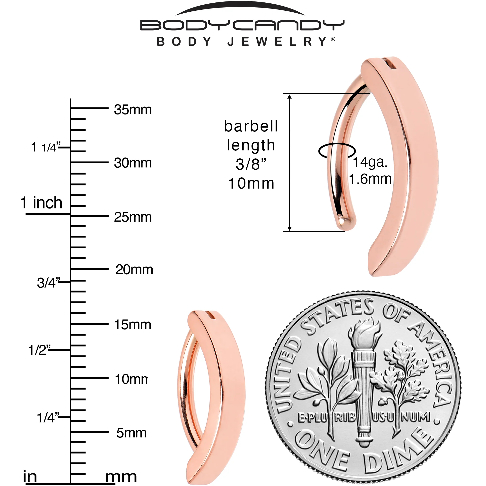 14G 3/8 Rose Gold Tone 316L Surgical Steel Smooth Style Hinged Hoop Belly Ring - Image 7