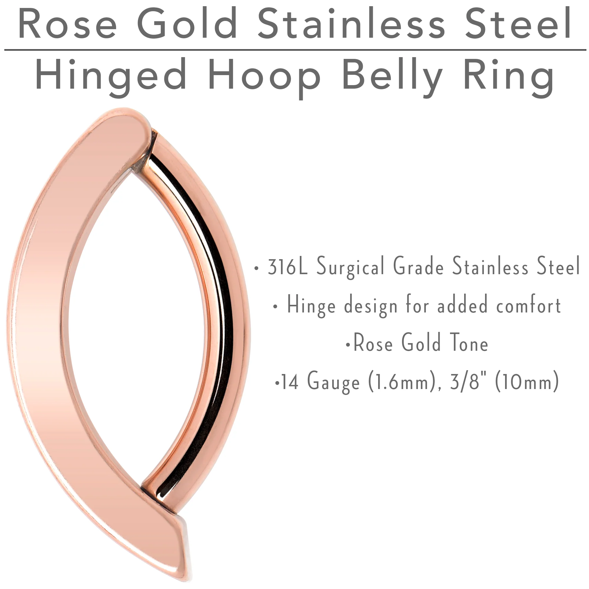 14G 3/8 Rose Gold Tone 316L Surgical Steel Smooth Style Hinged Hoop Belly Ring - Image 8
