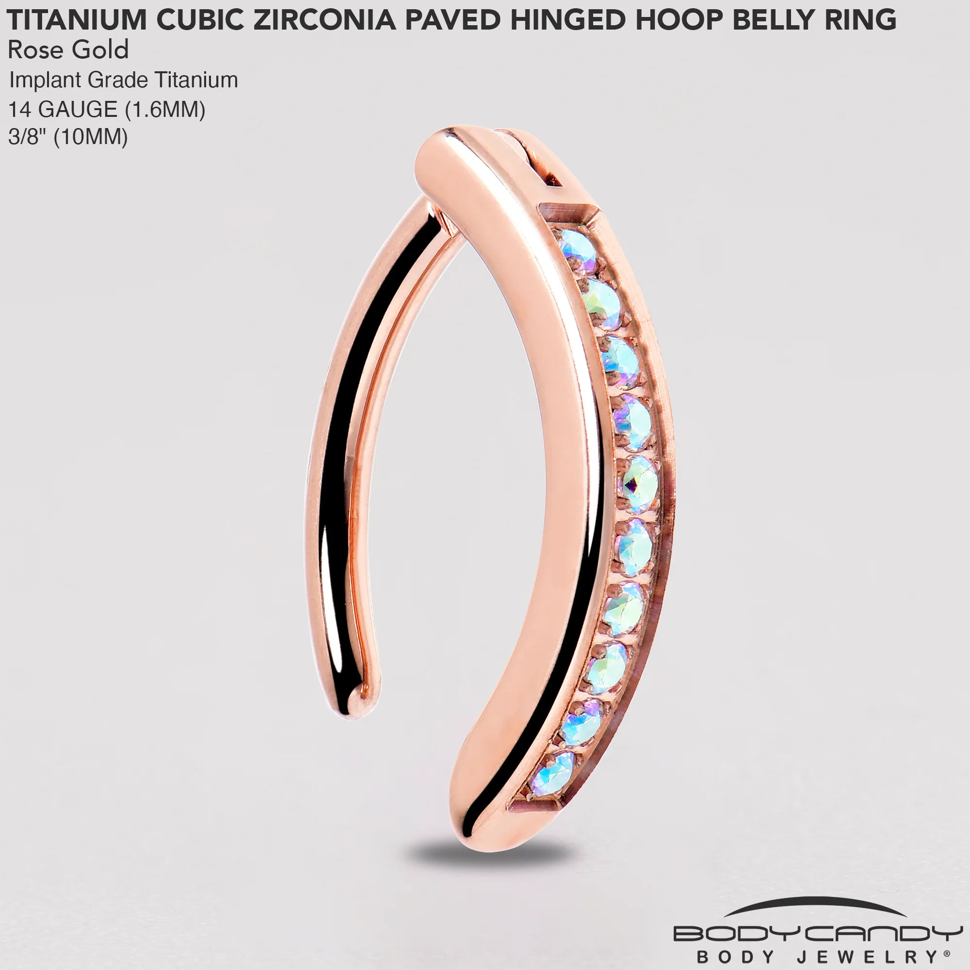 14G 3/8  Rose Implant Grade Titanium CZ Paved Hinged Hoop Belly Ring - Image 6