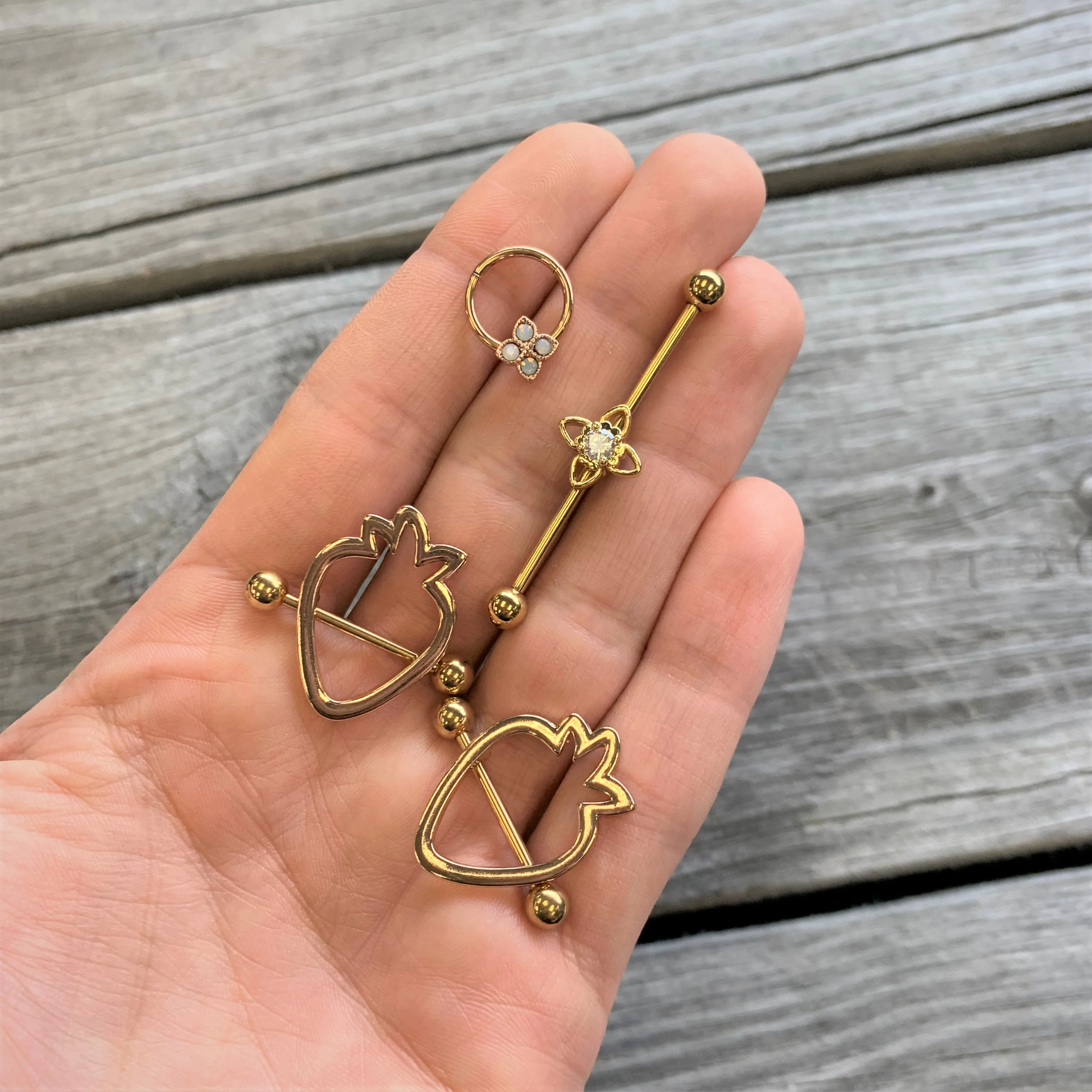 14G 3/4 Gold Tone Hollow Strawberry Nipple Shield Set - Image 2