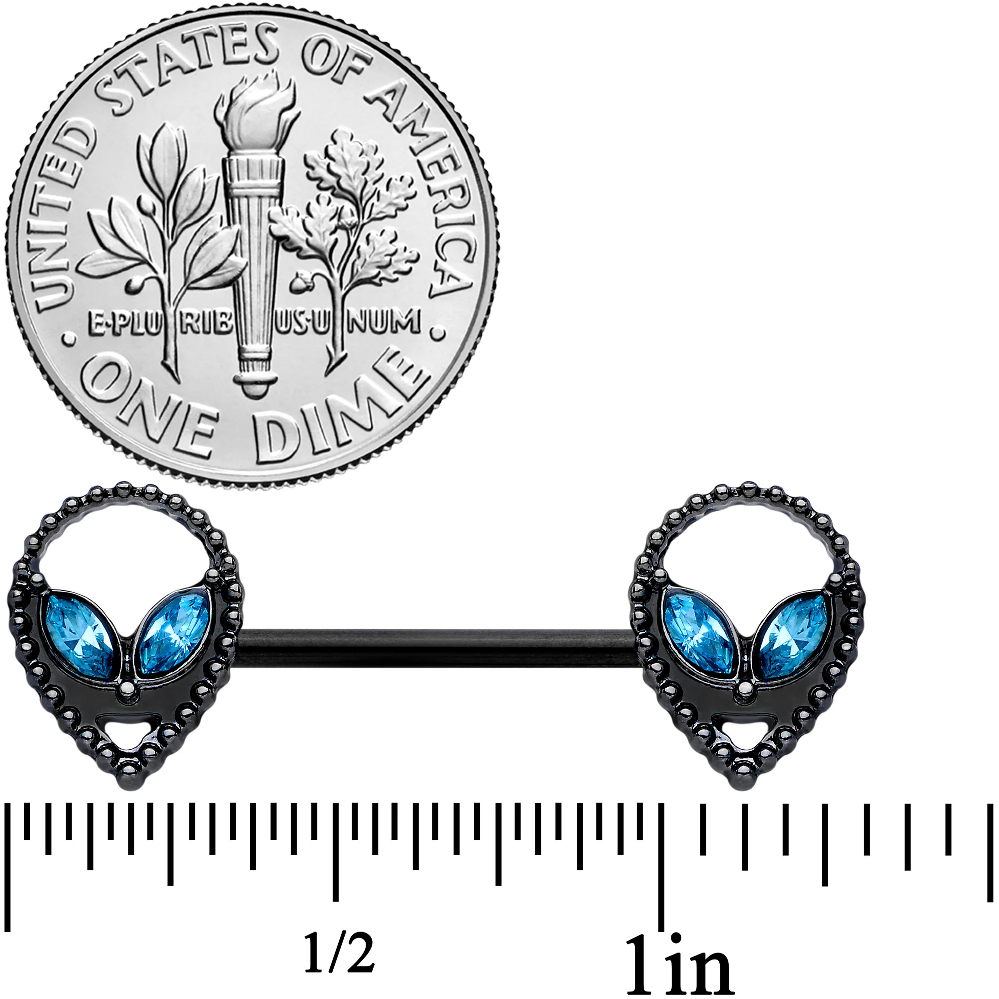 14G 5/8 Aqua Gem Black Hollow Alien Barbell Nipple Ring Set - Image 2