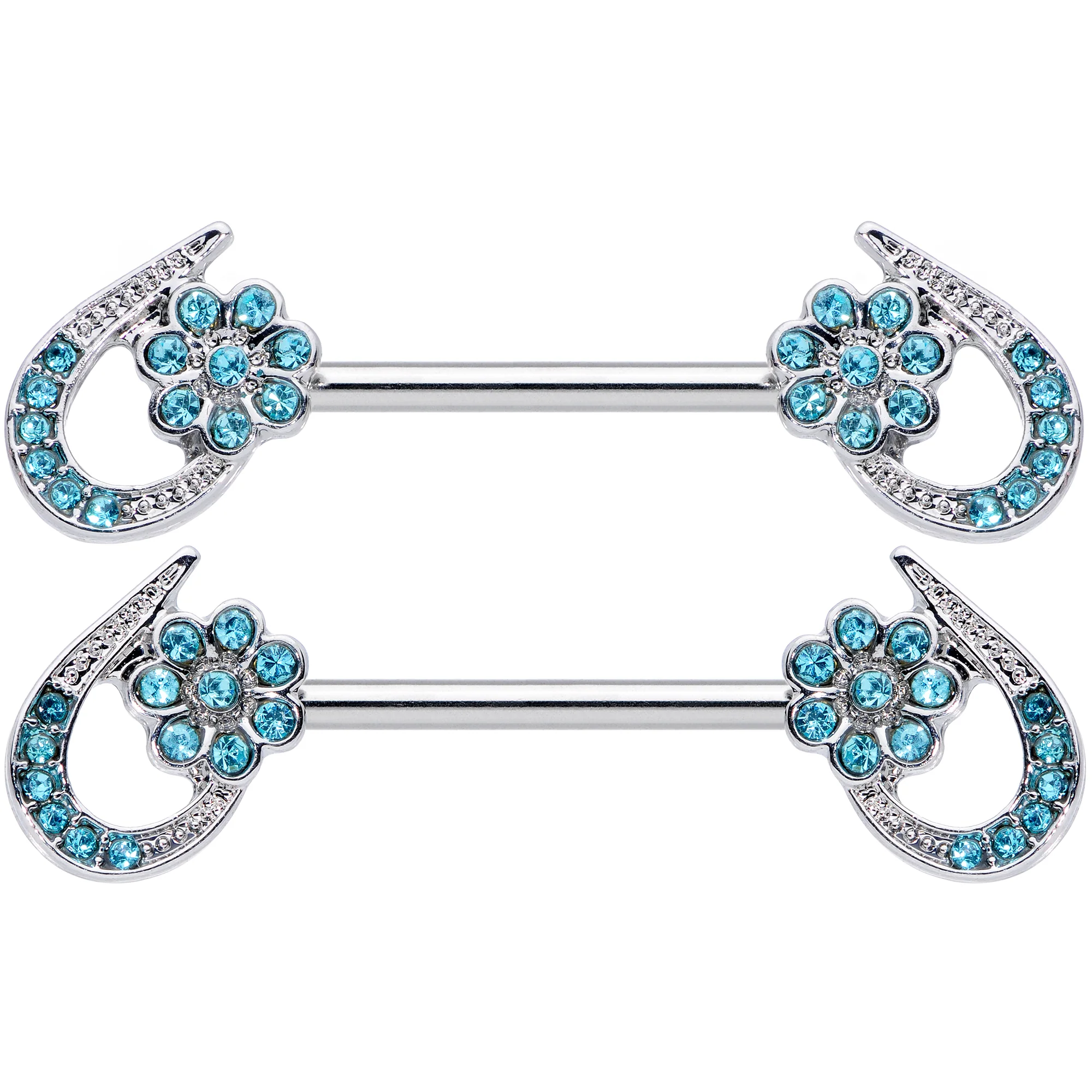 14G 5/8 Aqua Gem Heart Flower Barbell Nipple Ring Set - Image 2