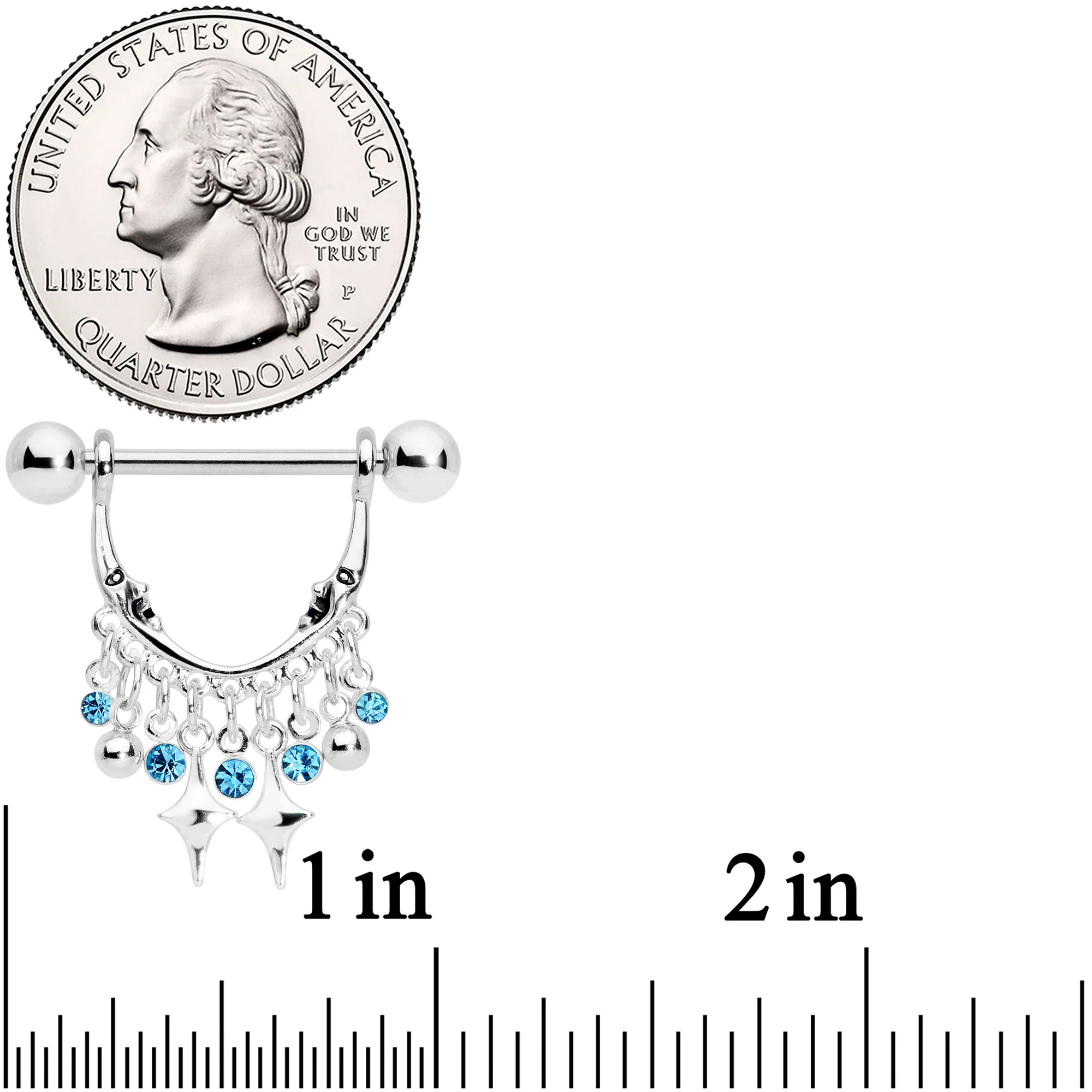 14G 5/8 Aqua Gem Moons Dangle Nipple Ring Set - Image 2