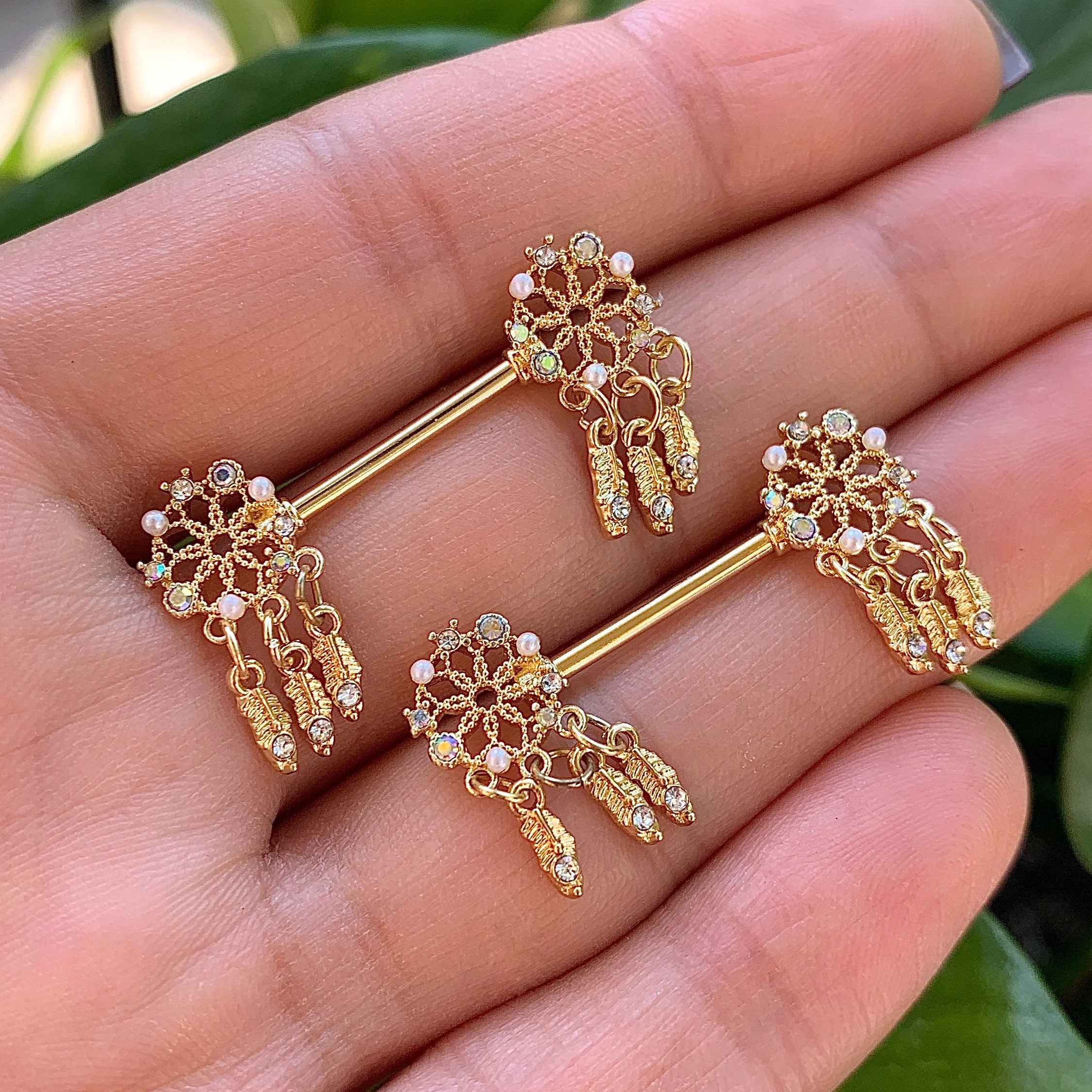 14G 5/8 Aurora CZ Gem Gold Tone Dreamcatcher Barbell Nipple Ring Set - Image 2