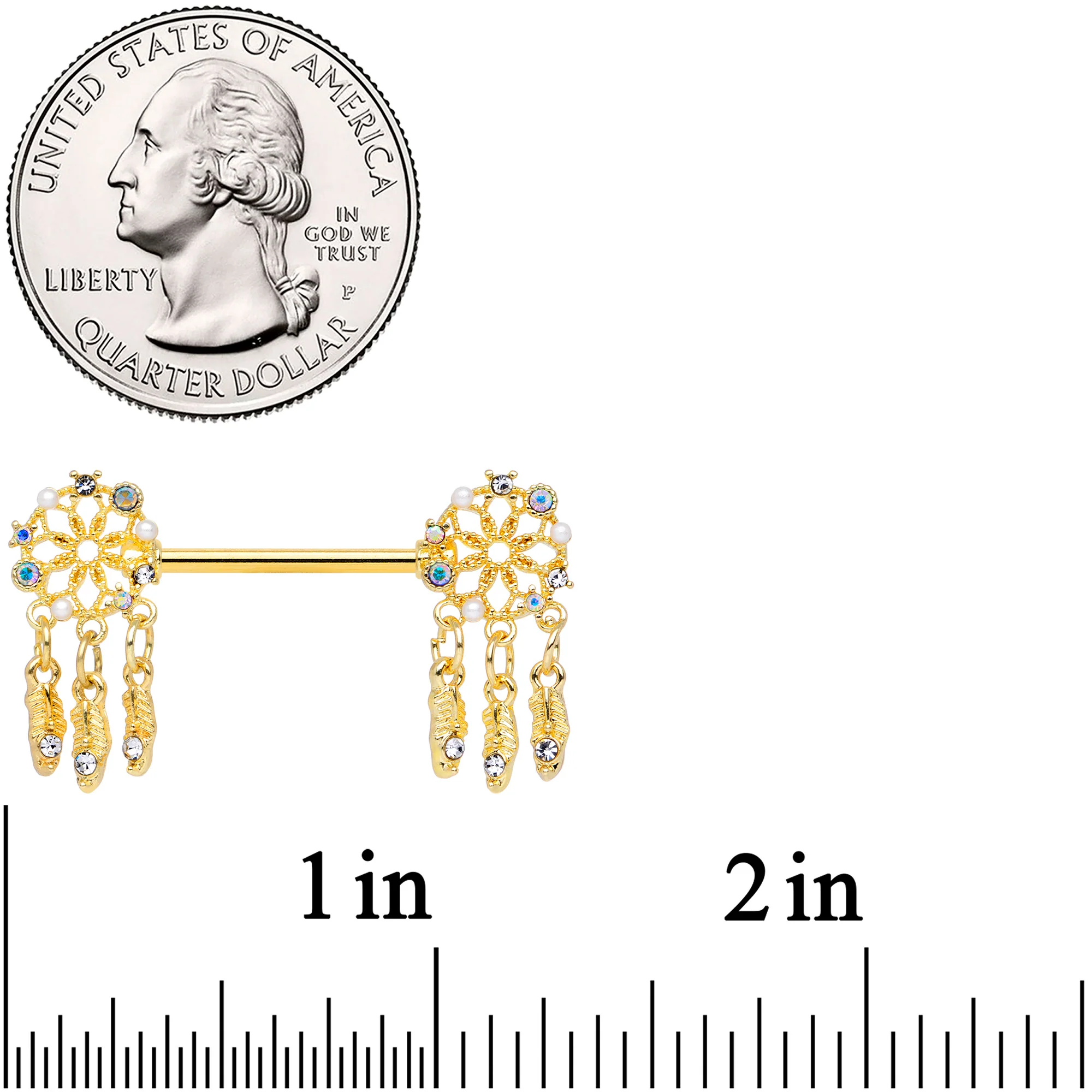 14G 5/8 Aurora CZ Gem Gold Tone Dreamcatcher Barbell Nipple Ring Set - Image 3