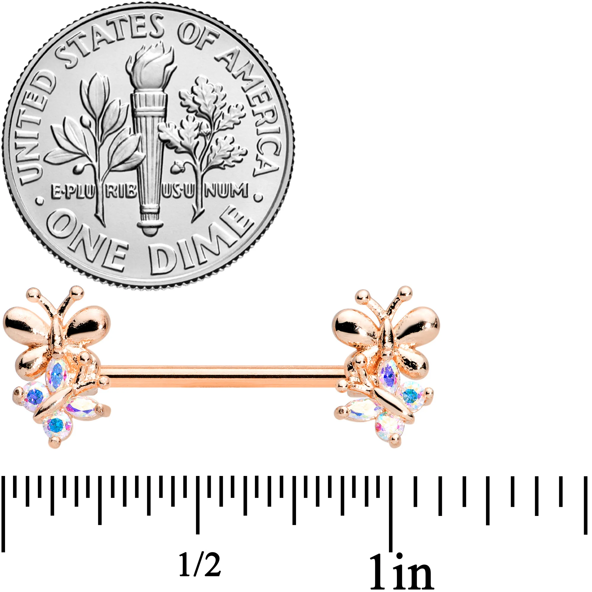 14G 5/8 Aurora CZ Gem Rose Gold Tone Butterfly Barbell Nipple Set - Image 2