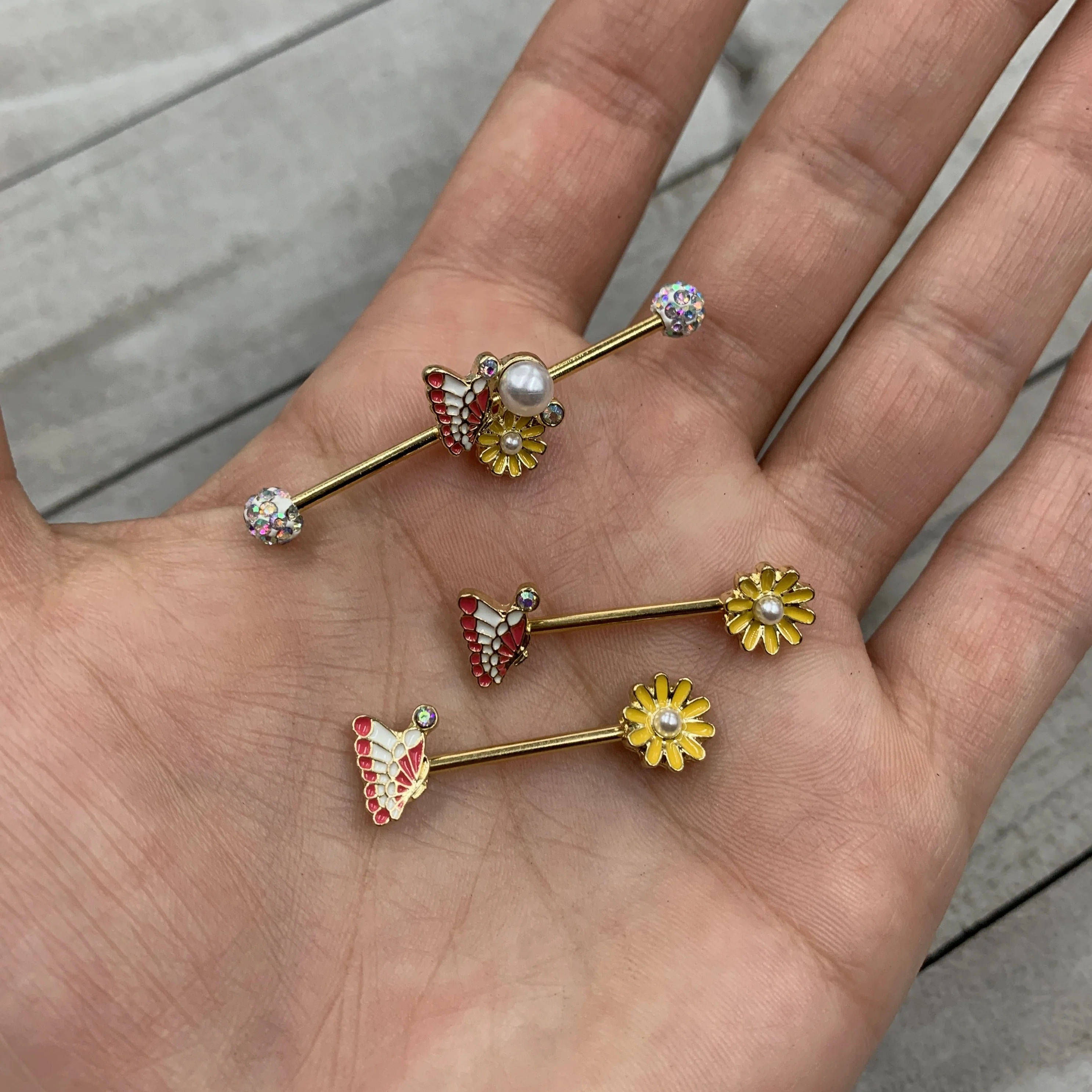 14G 5/8 Aurora Gem Gold Tone Butterfly Flower Barbell Nipple Ring Set - Image 2