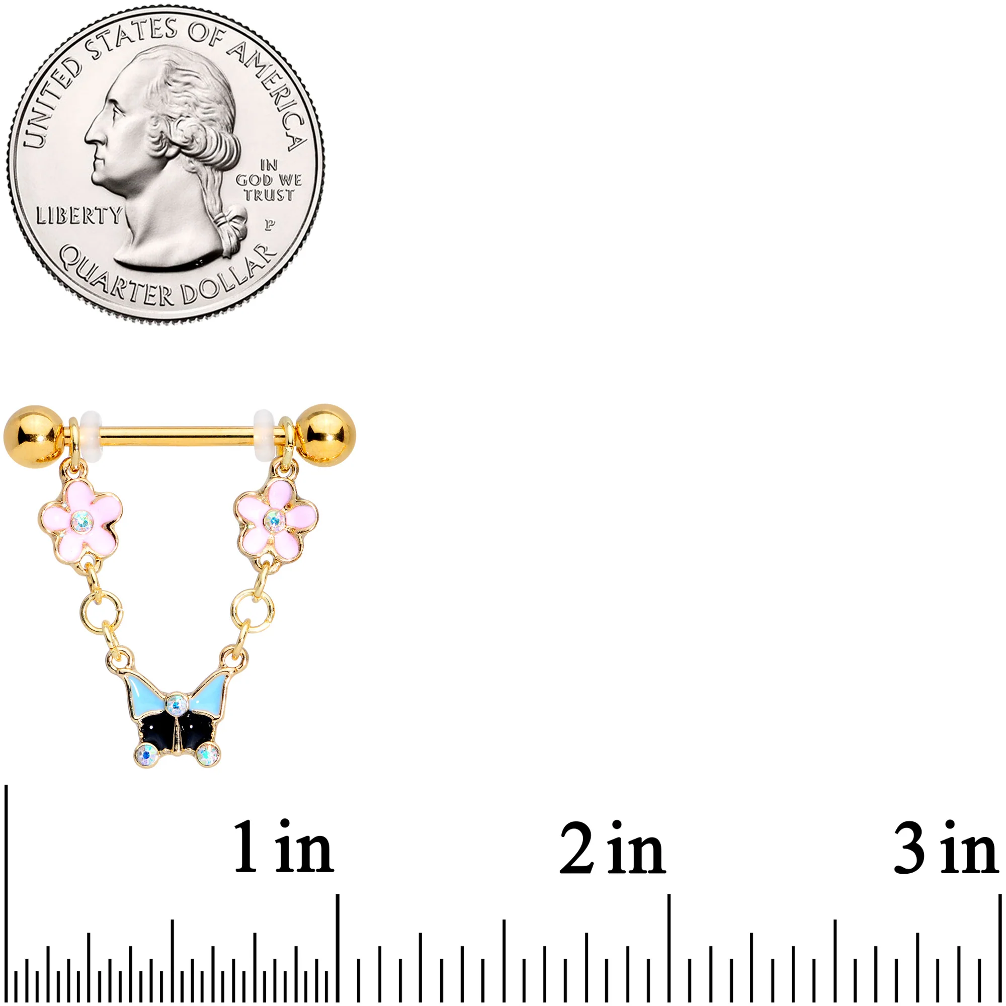 14G 5/8 Aurora Gem Gold Tone Flower Dangle Nipple Ring Set - Image 2