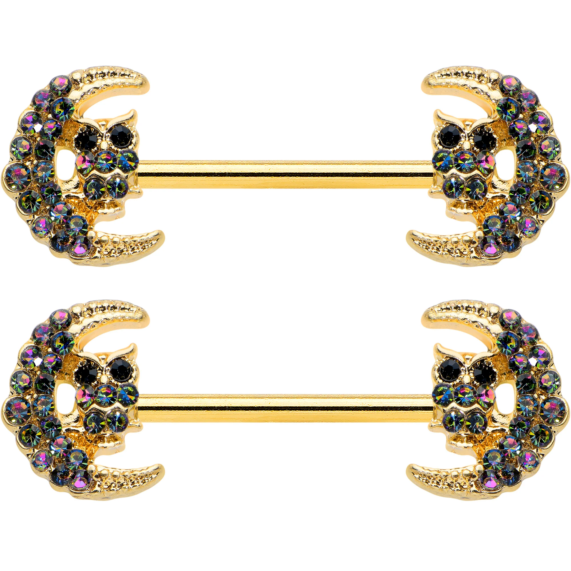 14G 5/8 Aurora Gem Gold Tone Owl Moon Barbell Nipple Ring Set - Image 2