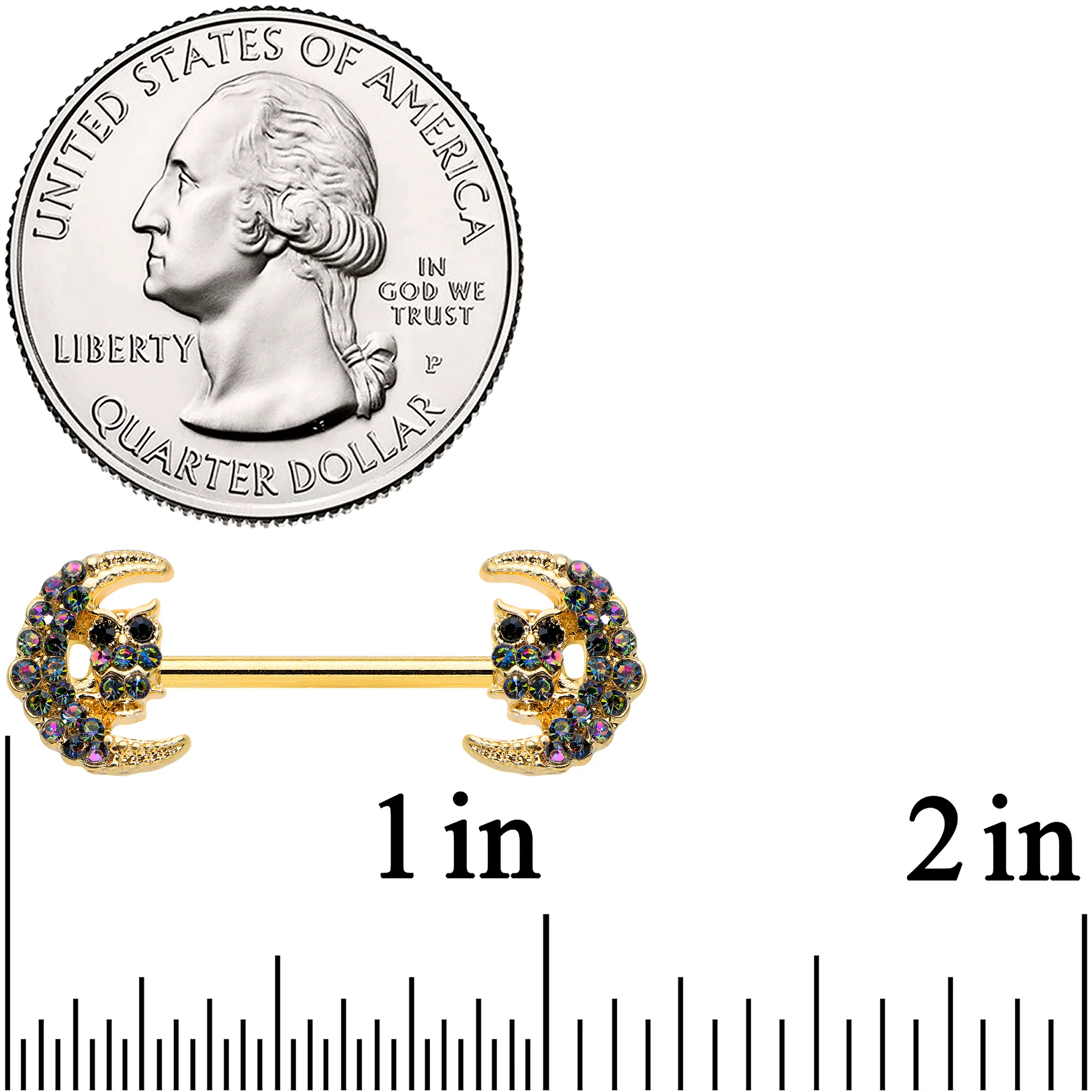 14G 5/8 Aurora Gem Gold Tone Owl Moon Barbell Nipple Ring Set - Image 3