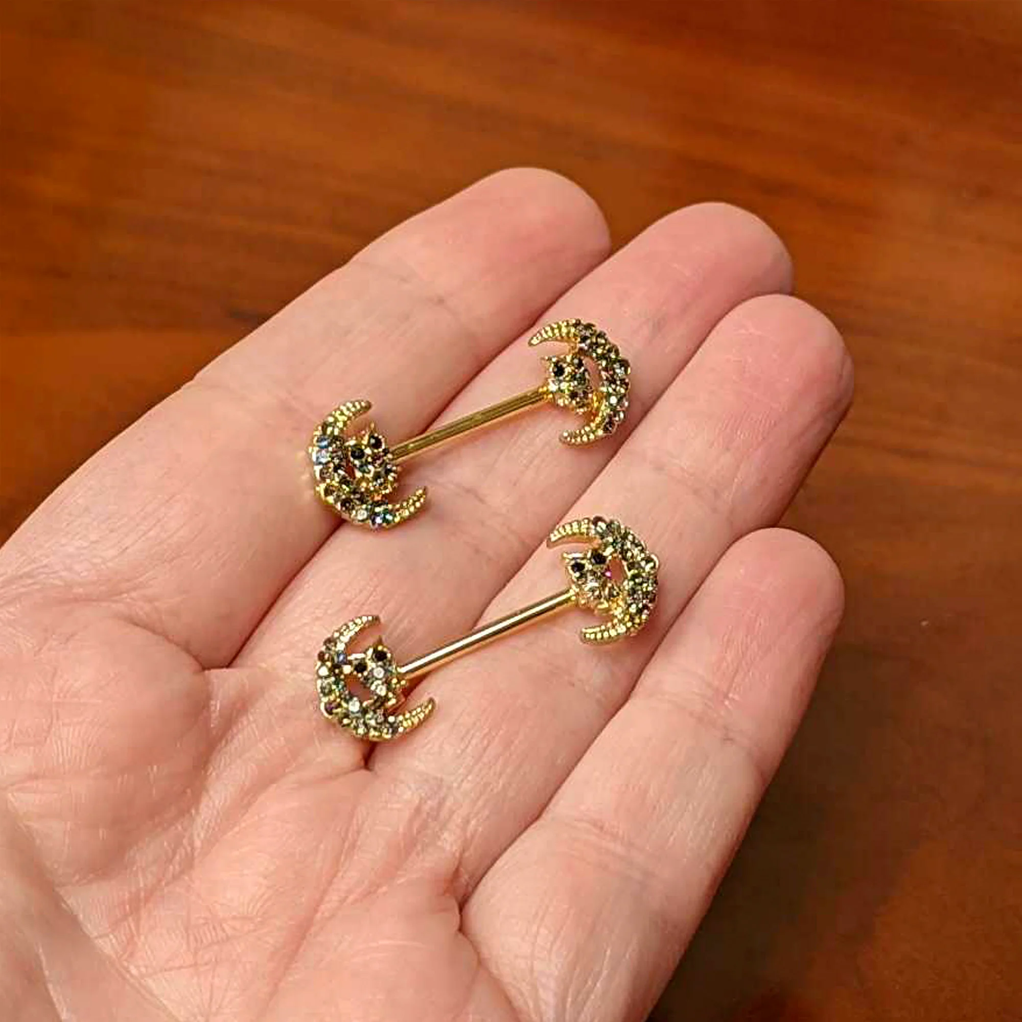 14G 5/8 Aurora Gem Gold Tone Owl Moon Barbell Nipple Ring Set - Image 4