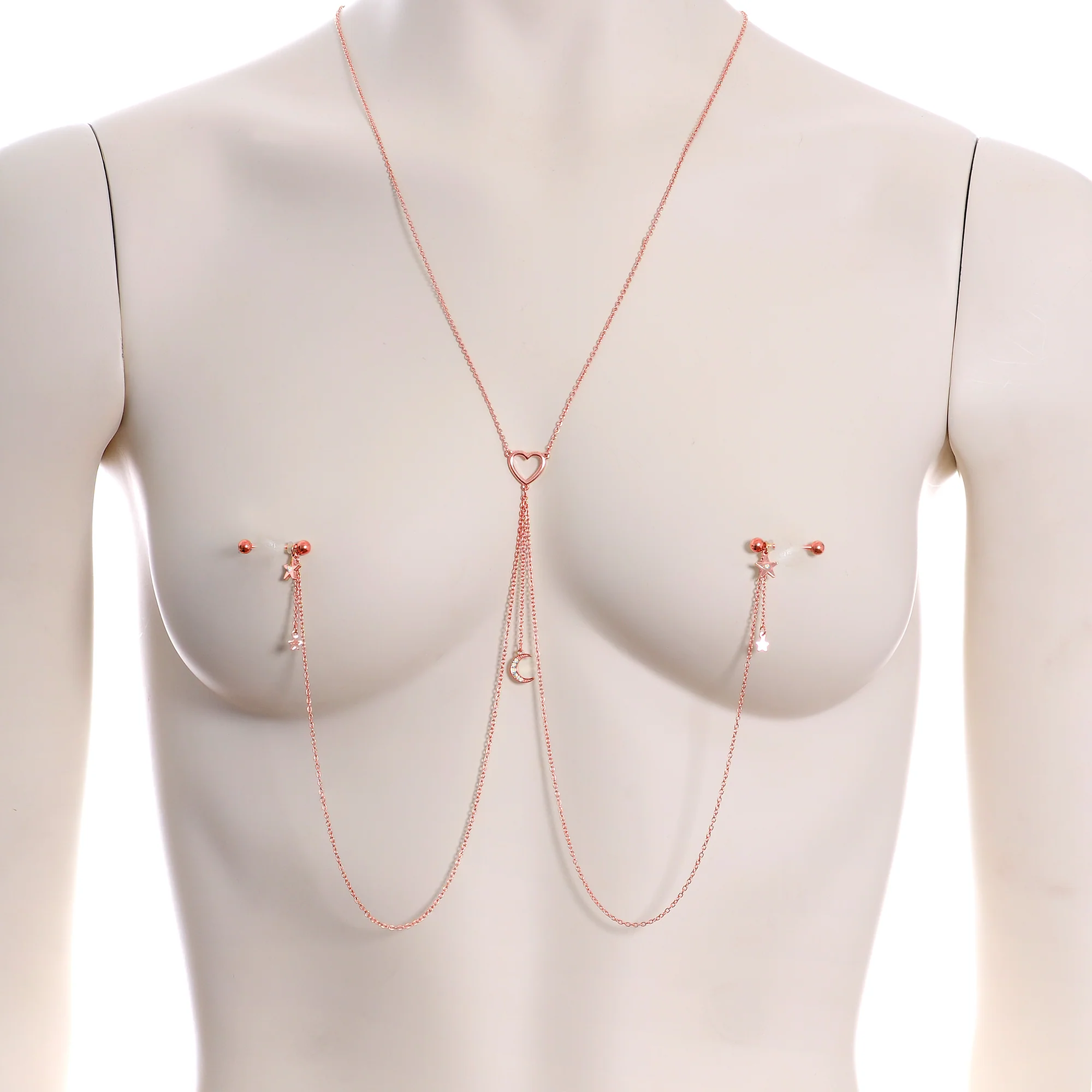 14G 5/8 Aurora Gem Rose Gold Hue Star Moon Nipple Chain Necklace - Image 2
