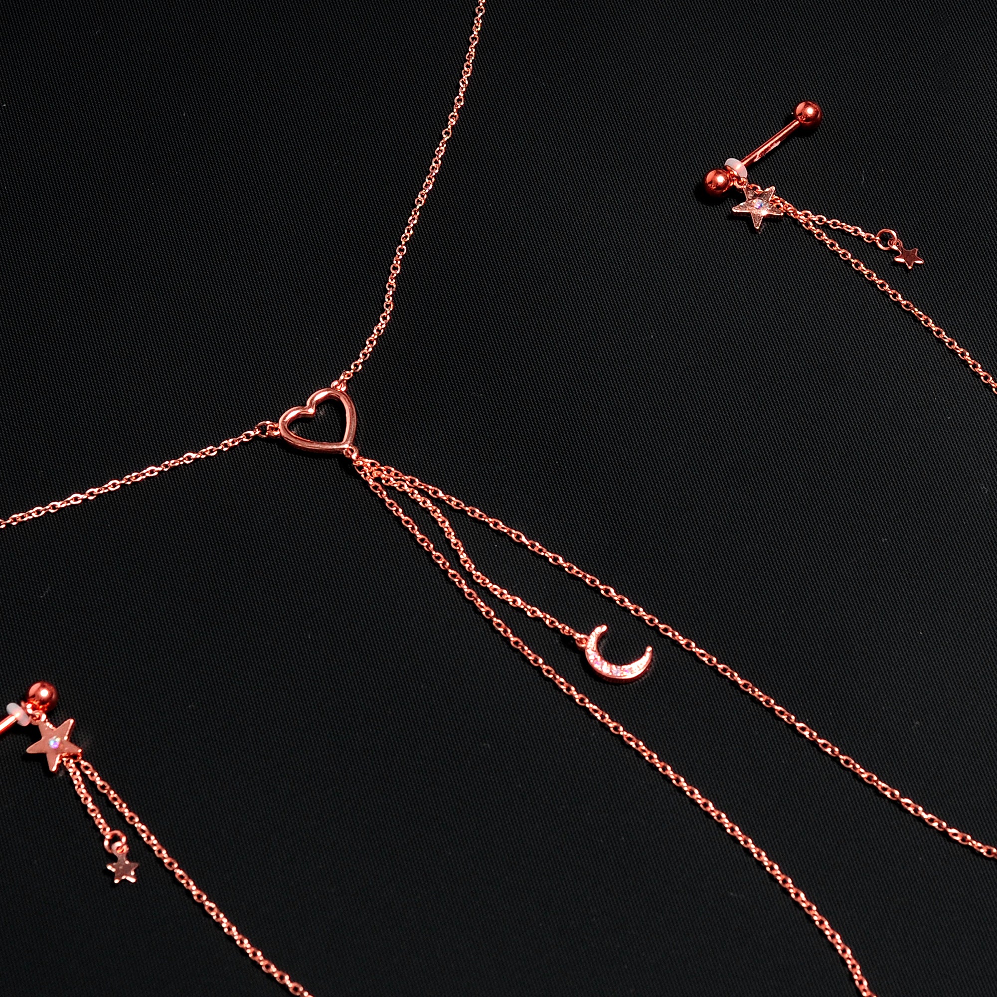 14G 5/8 Aurora Gem Rose Gold Hue Star Moon Nipple Chain Necklace - Image 3