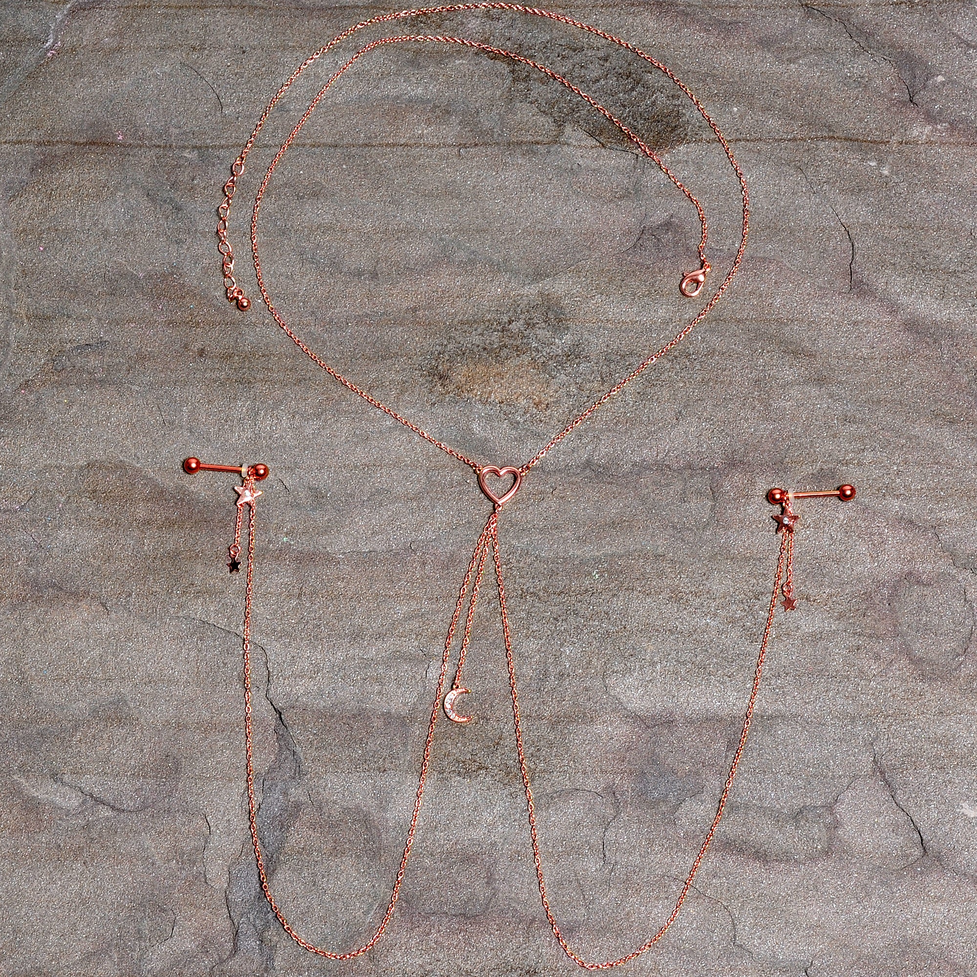 14G 5/8 Aurora Gem Rose Gold Hue Star Moon Nipple Chain Necklace - Image 4