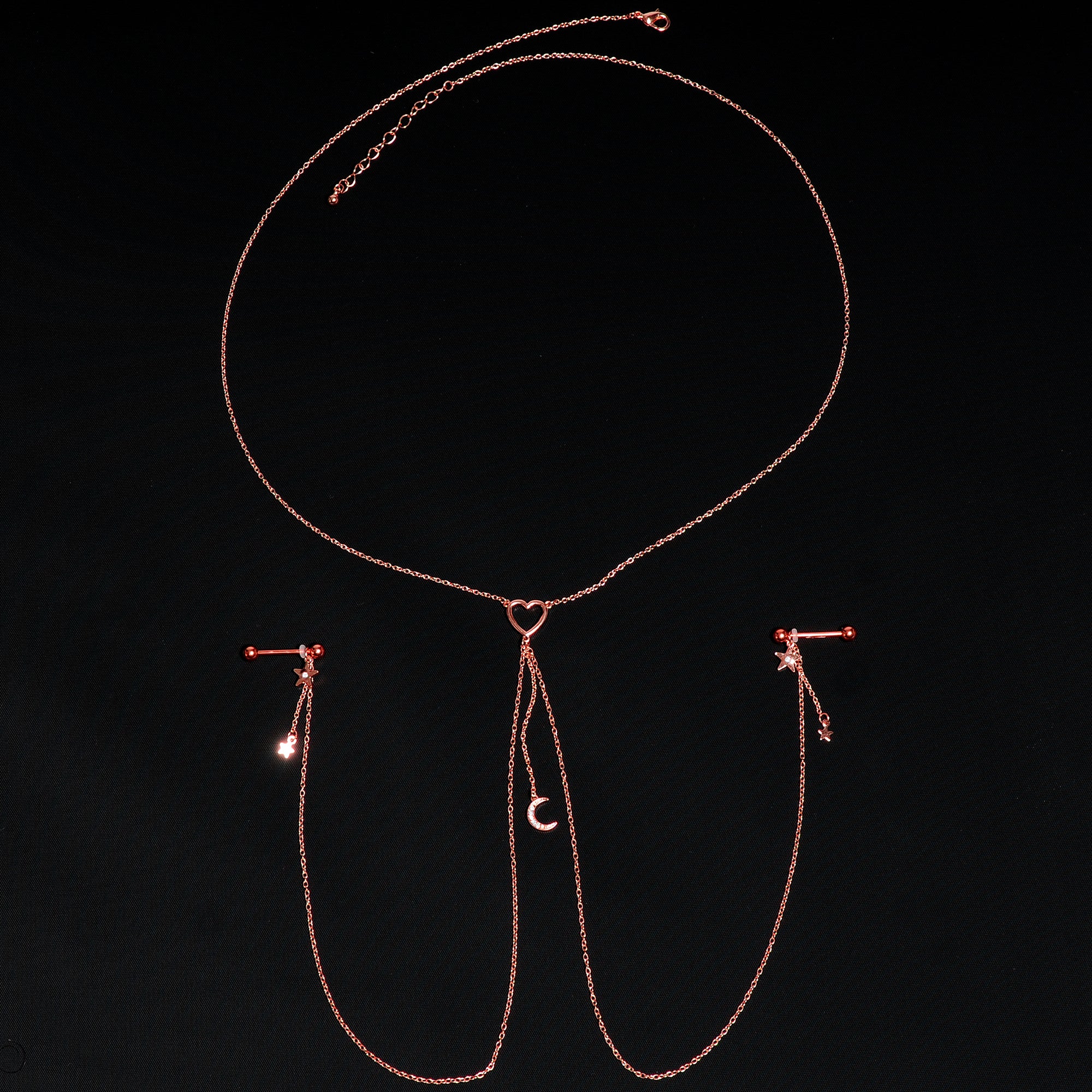 14G 5/8 Aurora Gem Rose Gold Hue Star Moon Nipple Chain Necklace - Image 5