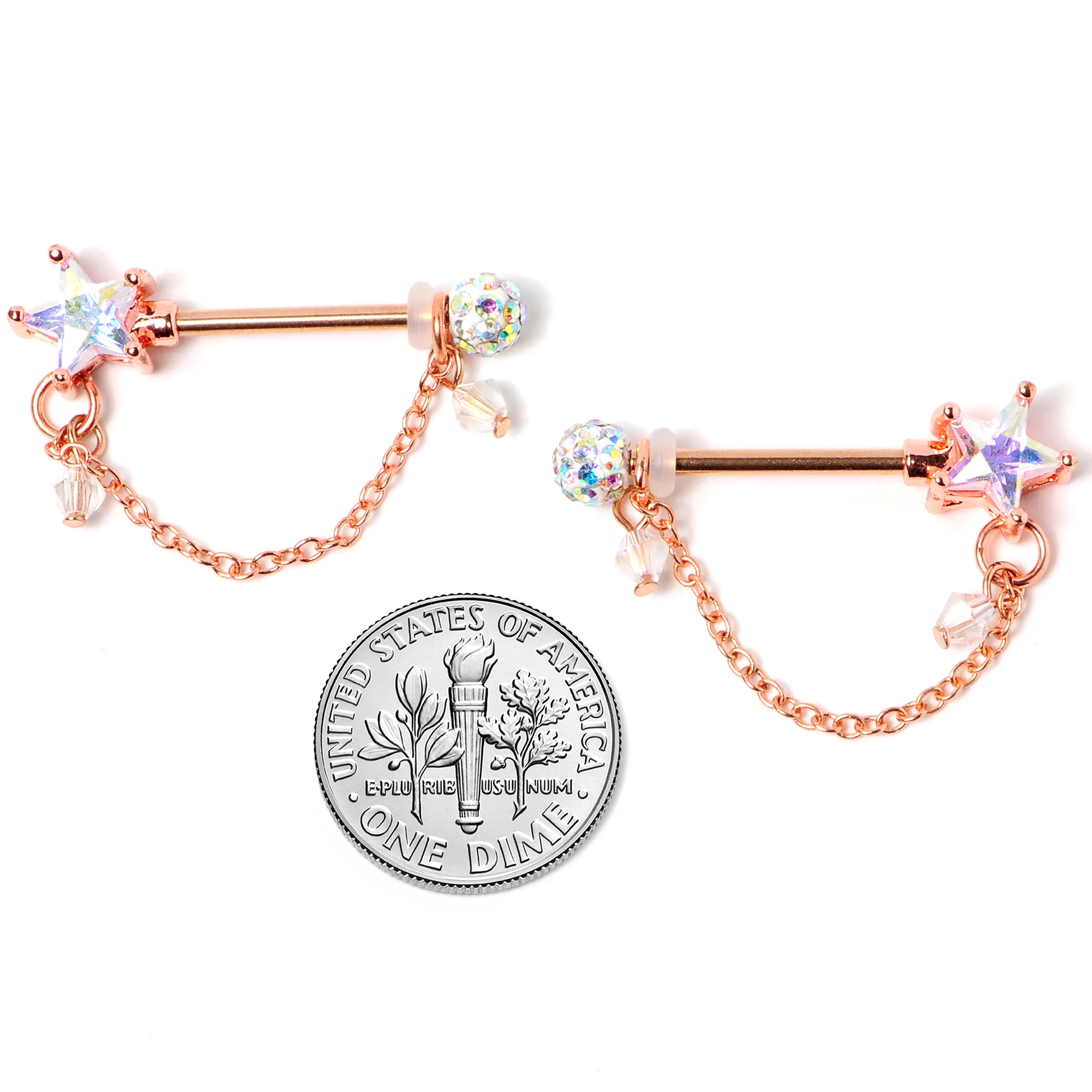14G 5/8 Aurora Gem Rose Gold Tone Star Dangle Nipple Ring Set - Image 4