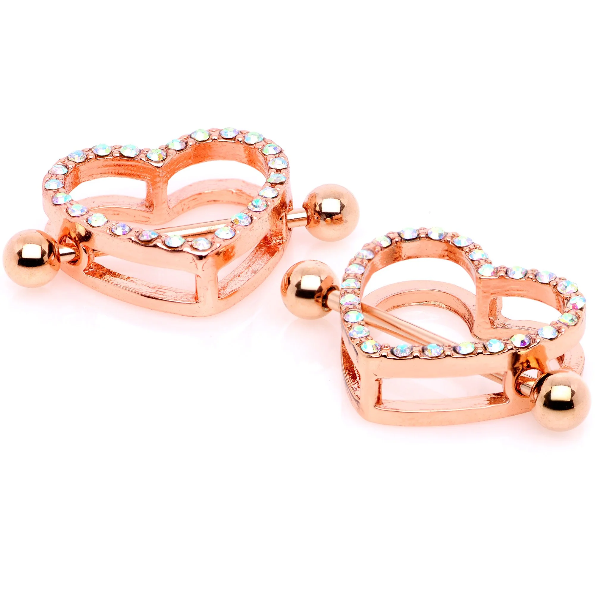 14G 5/8 Aurora Gem Rose Gold Tone Valentine Heart Nipple Ring Set - Image 2