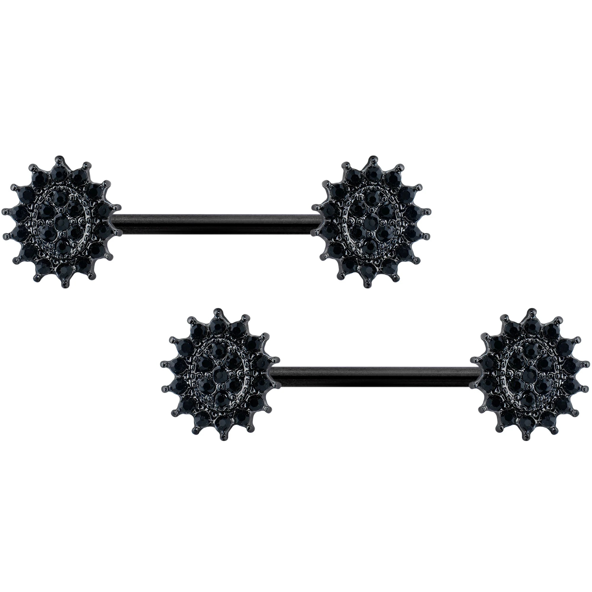 14G 5/8 Black Gem Black Oval Sunburst Barbell Nipple Ring Set