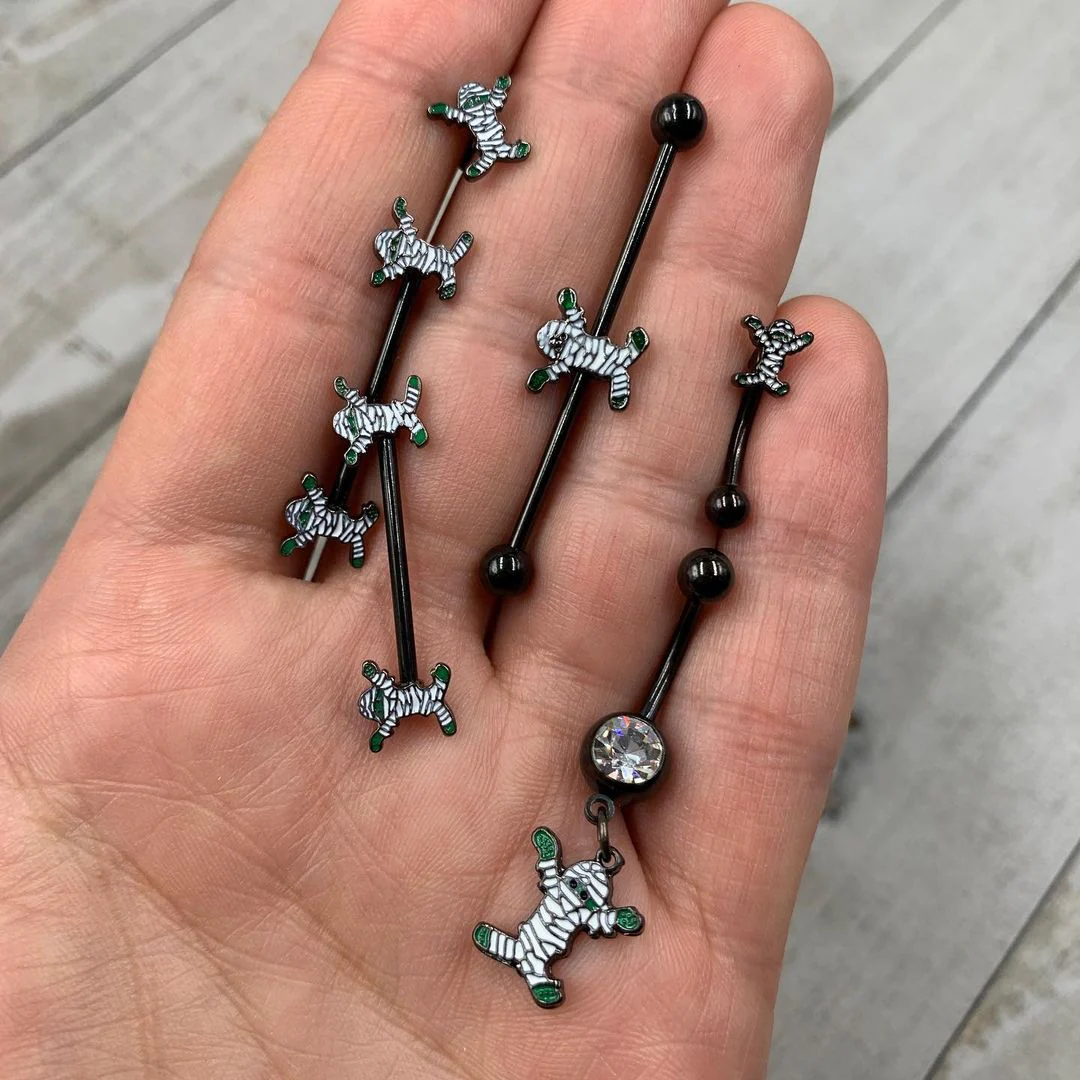 14G 5/8 Black Green Mummy Halloween Barbell Nipple Ring Set - Image 2