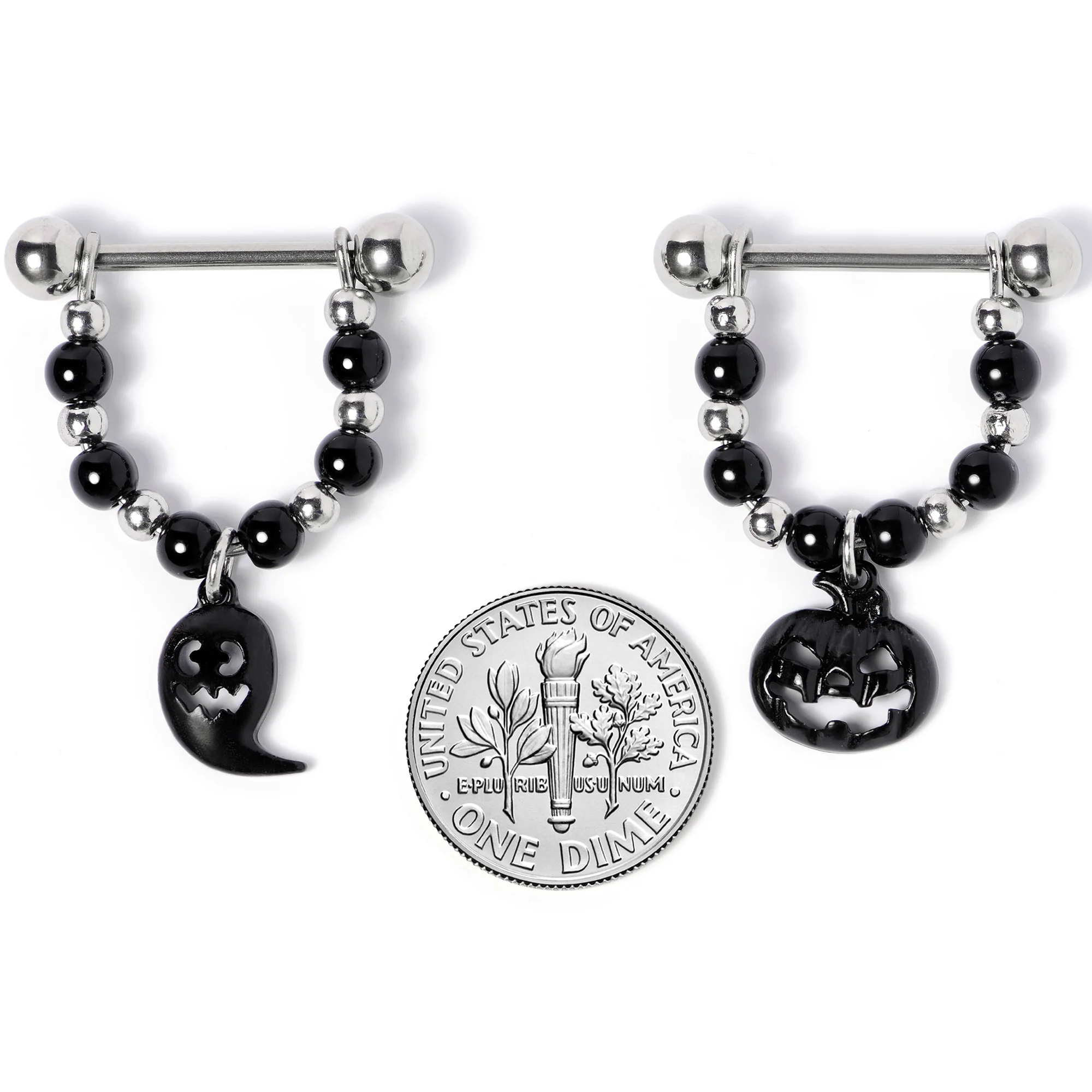 14G 5/8 Black Pumpkin Ghost Halloween Dangle Nipple Ring Set - Image 5