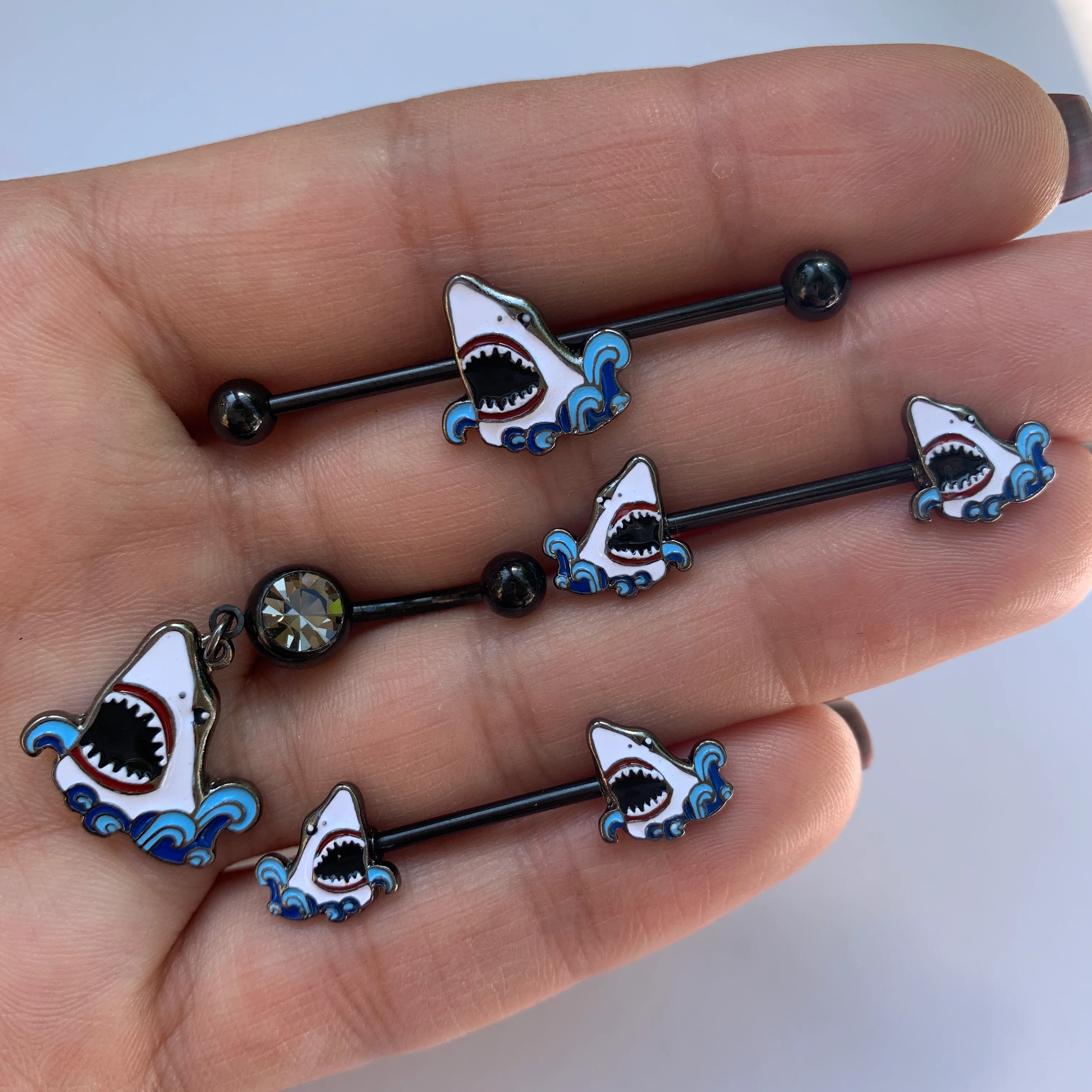 14G 5/8 Black Shark Bite Barbell Nipple Ring Set - Image 2