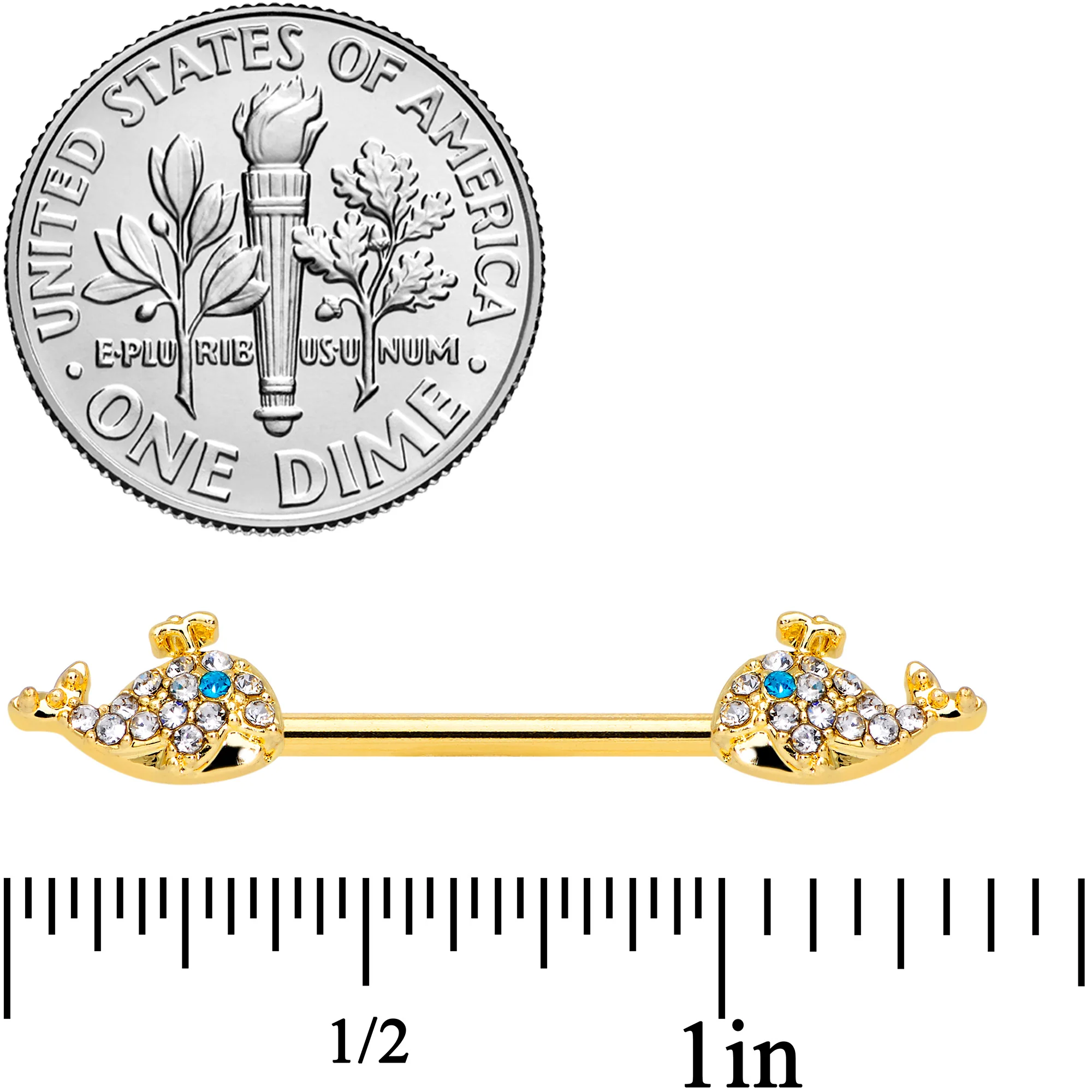 14G 5/8 Blue CZ Gem Gold Tone Whale Barbell Nipple Ring Set - Image 2