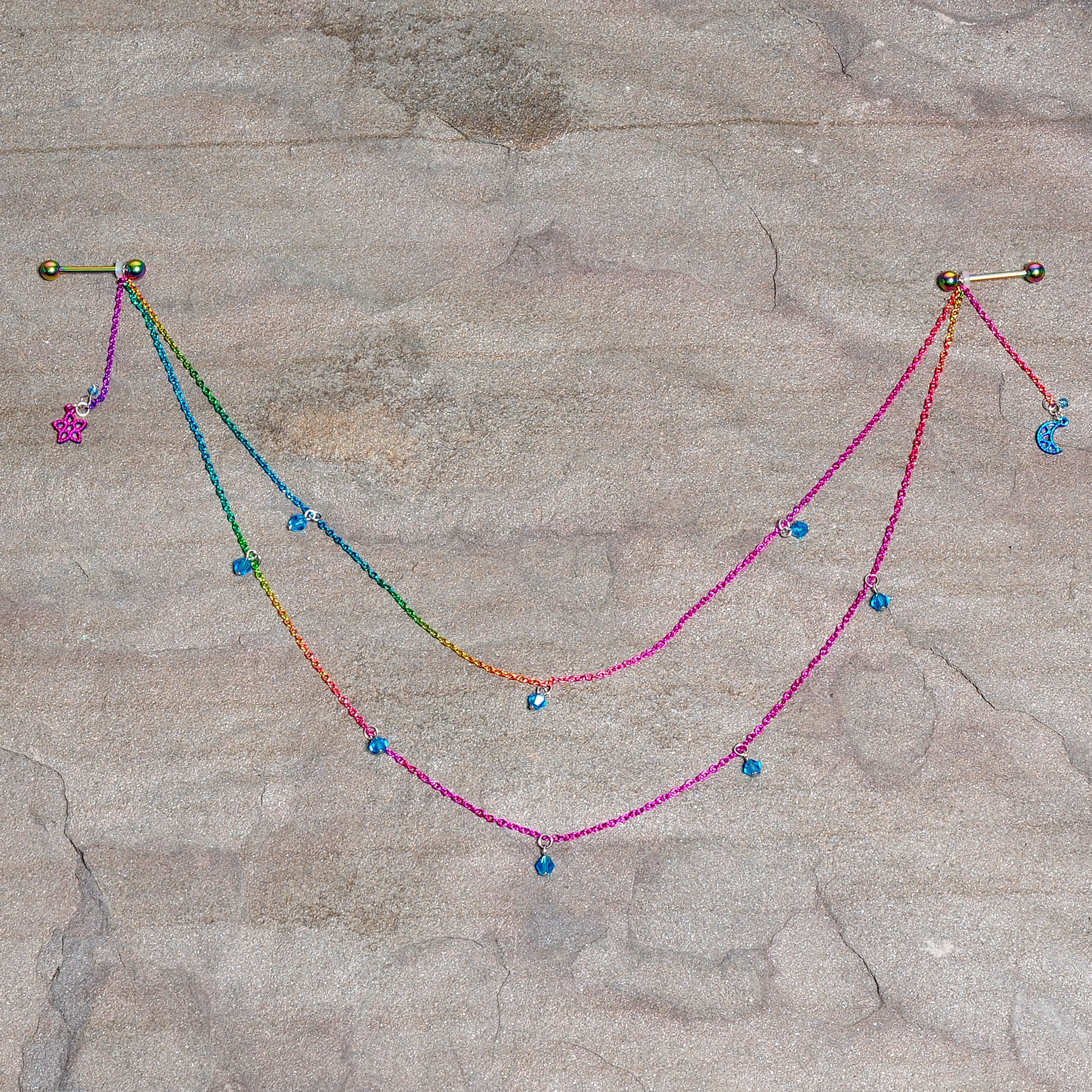 14G 5/8 Blue Gem Rainbow Moon Star Double Dangle Nipple Chain - Image 5