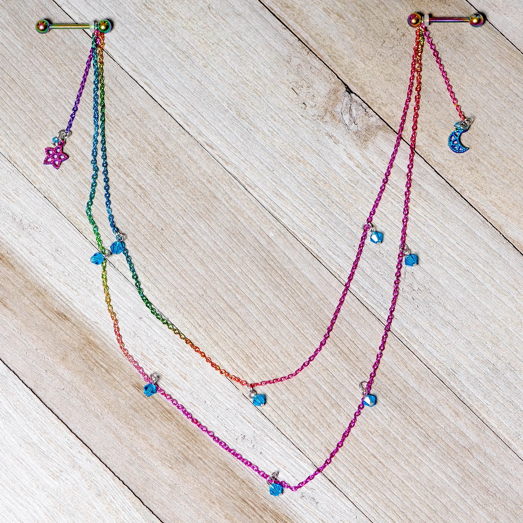 14G 5/8 Blue Gem Rainbow Moon Star Double Dangle Nipple Chain - Image 6