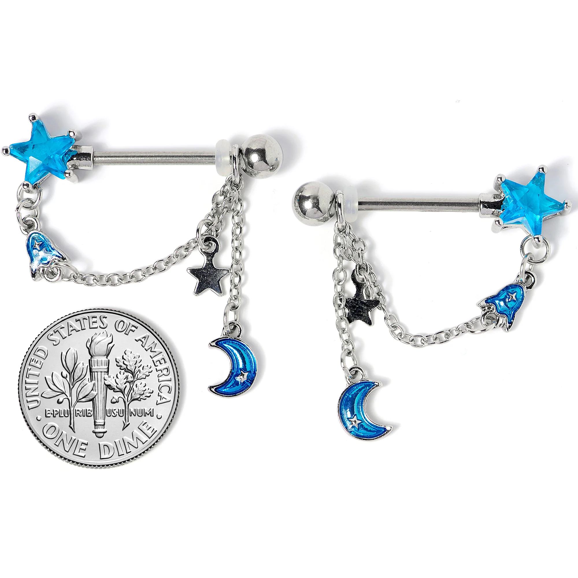 14G 5/8 Blue Gem Rocket Star Moon Dangle Barbell Nipple Ring Set - Image 4