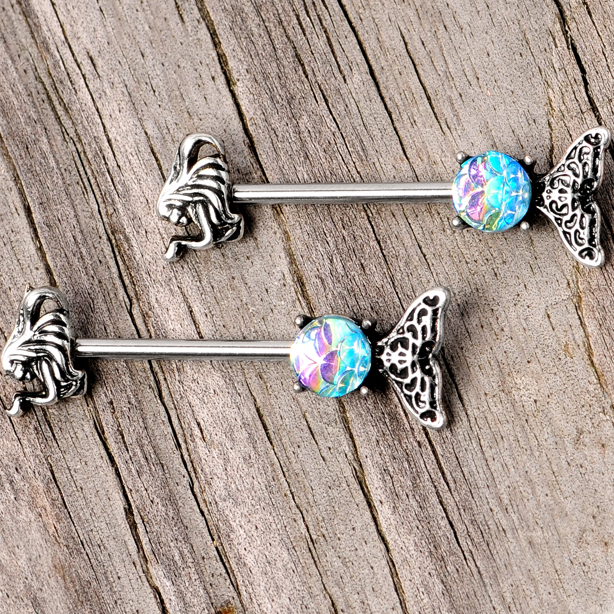 14G 5/8 Blue Mermaid Scale Tail Barbell Nipple Ring Set - Image 5