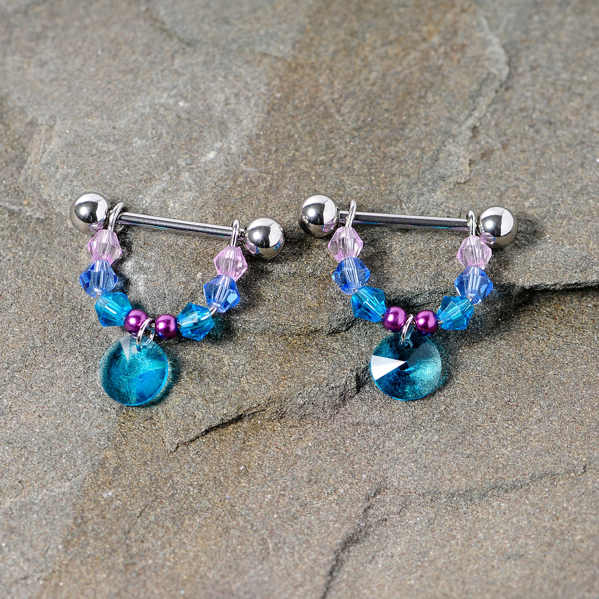 14G 5/8 Pink Aqua Gem Disc Dangle Barbell Nipple Ring Set - Image 2