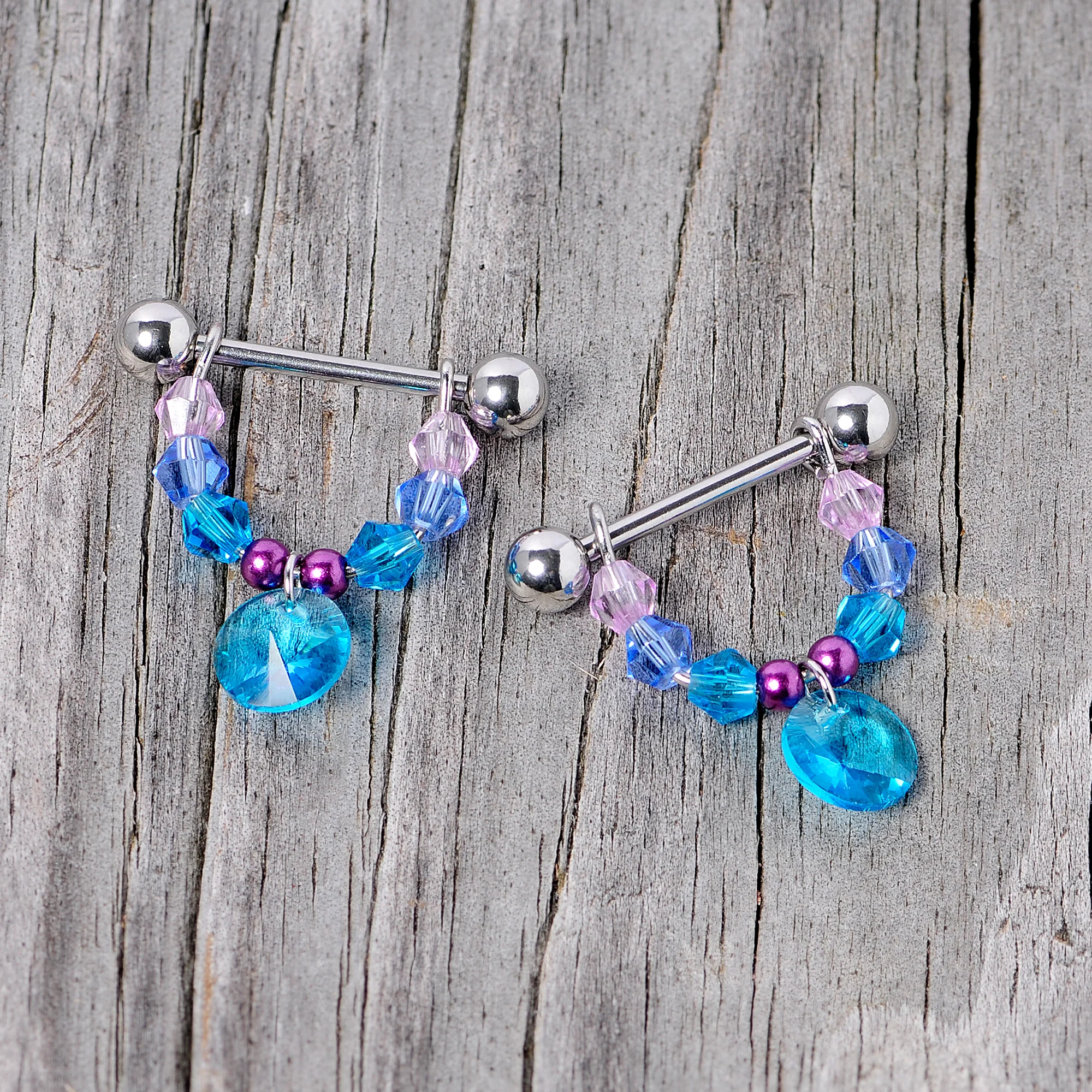 14G 5/8 Pink Aqua Gem Disc Dangle Barbell Nipple Ring Set - Image 3